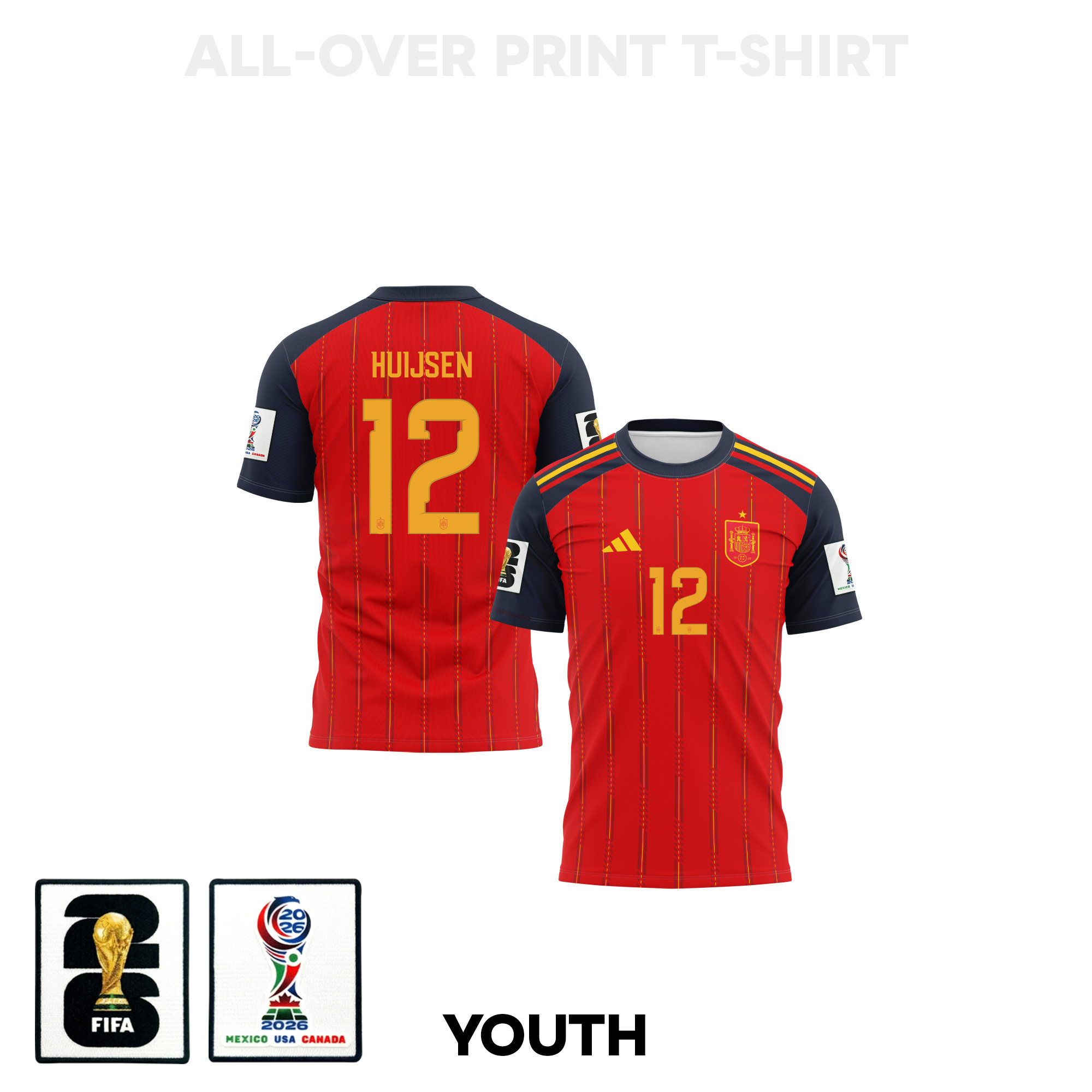 Dean Huijsen 12 Youth Spain 2026 Home 3D T-shirt Fully Printed – Red – Jersey Teams