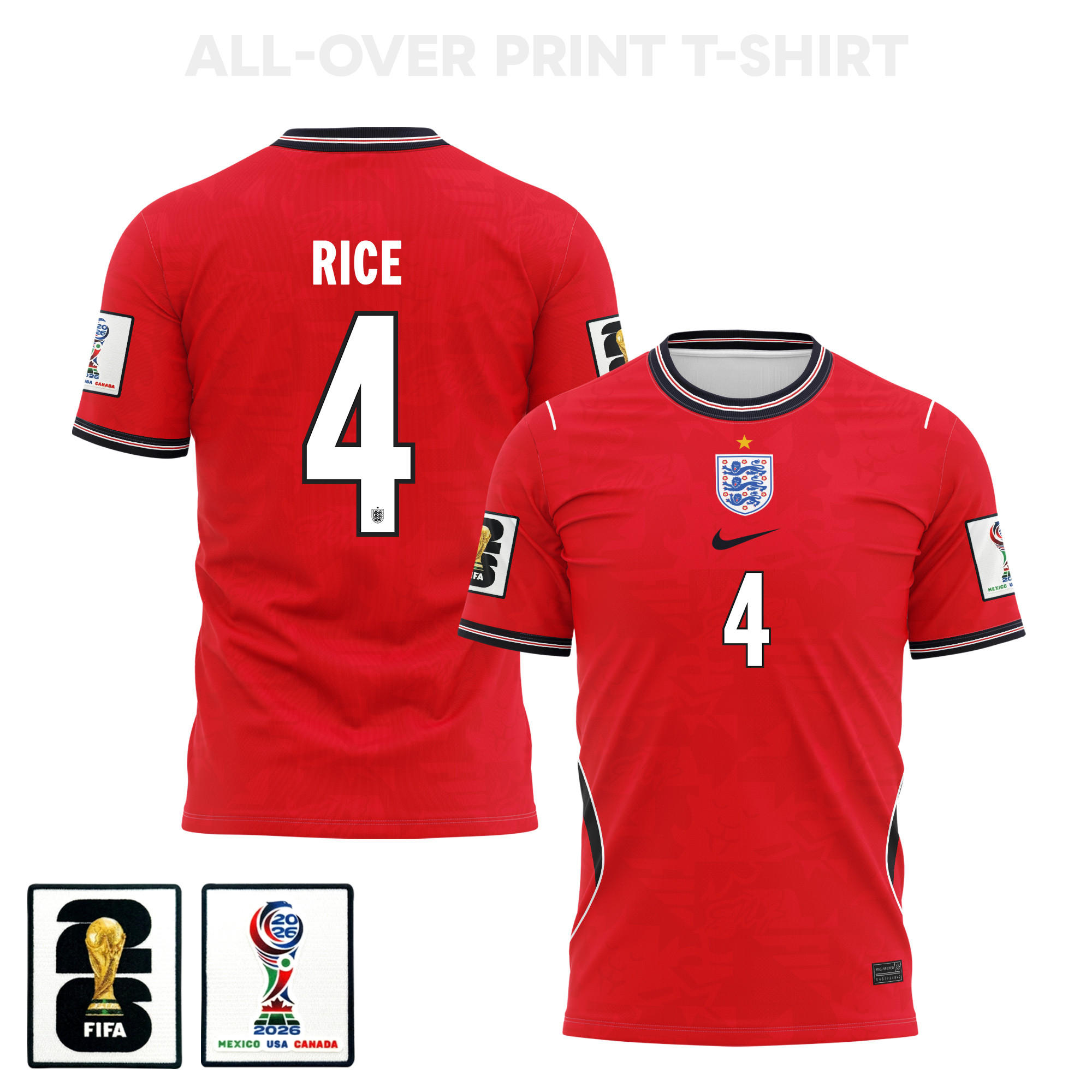 Declan Rice 4 England 2026 Away 3D T-Shirt Fully Printed – Unisex, Red - Jersey Teams
