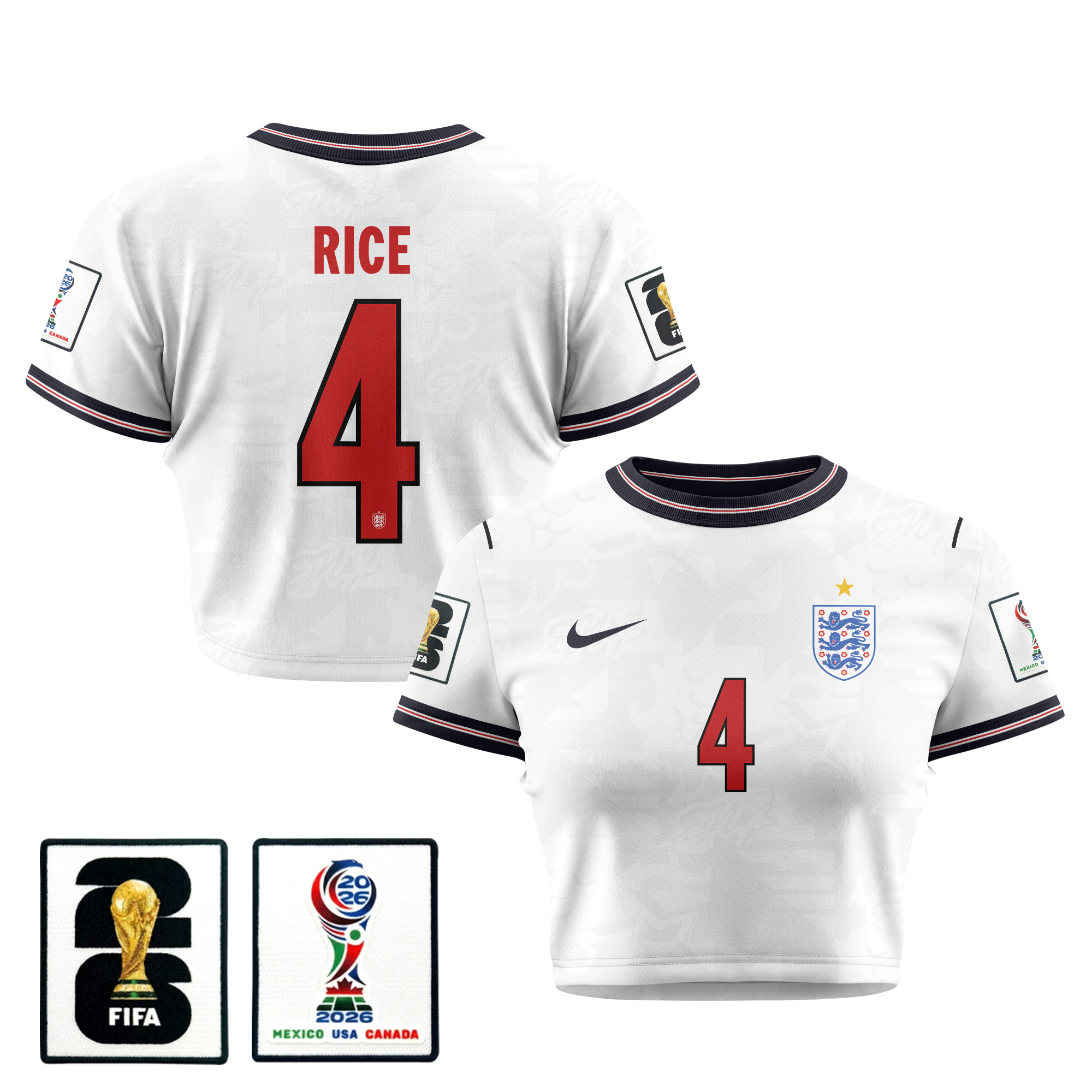 Declan Rice 4 England 2026 Women's Home All-Over Print Cropped Jersey - White - Jersey Teams
