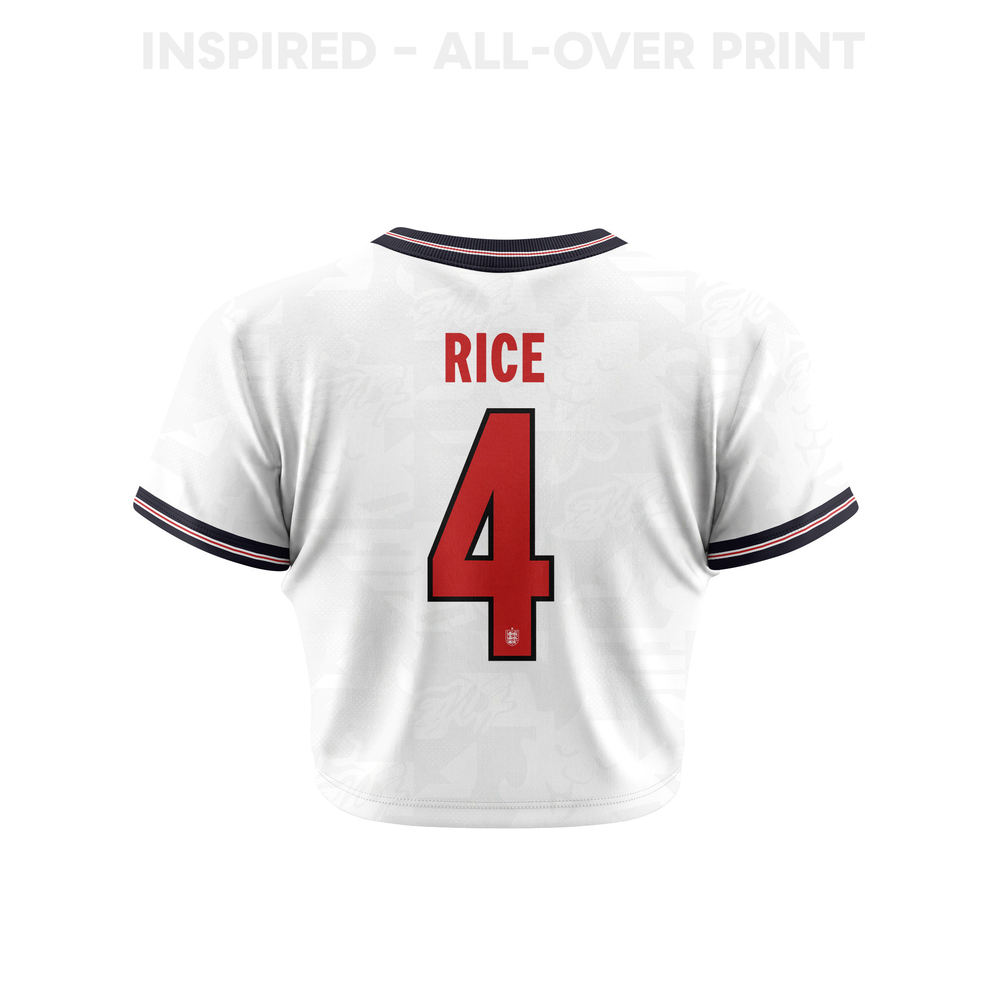 Declan Rice 4 England 2026 Women's Home All-Over Print Cropped Jersey - White - Jersey Teams