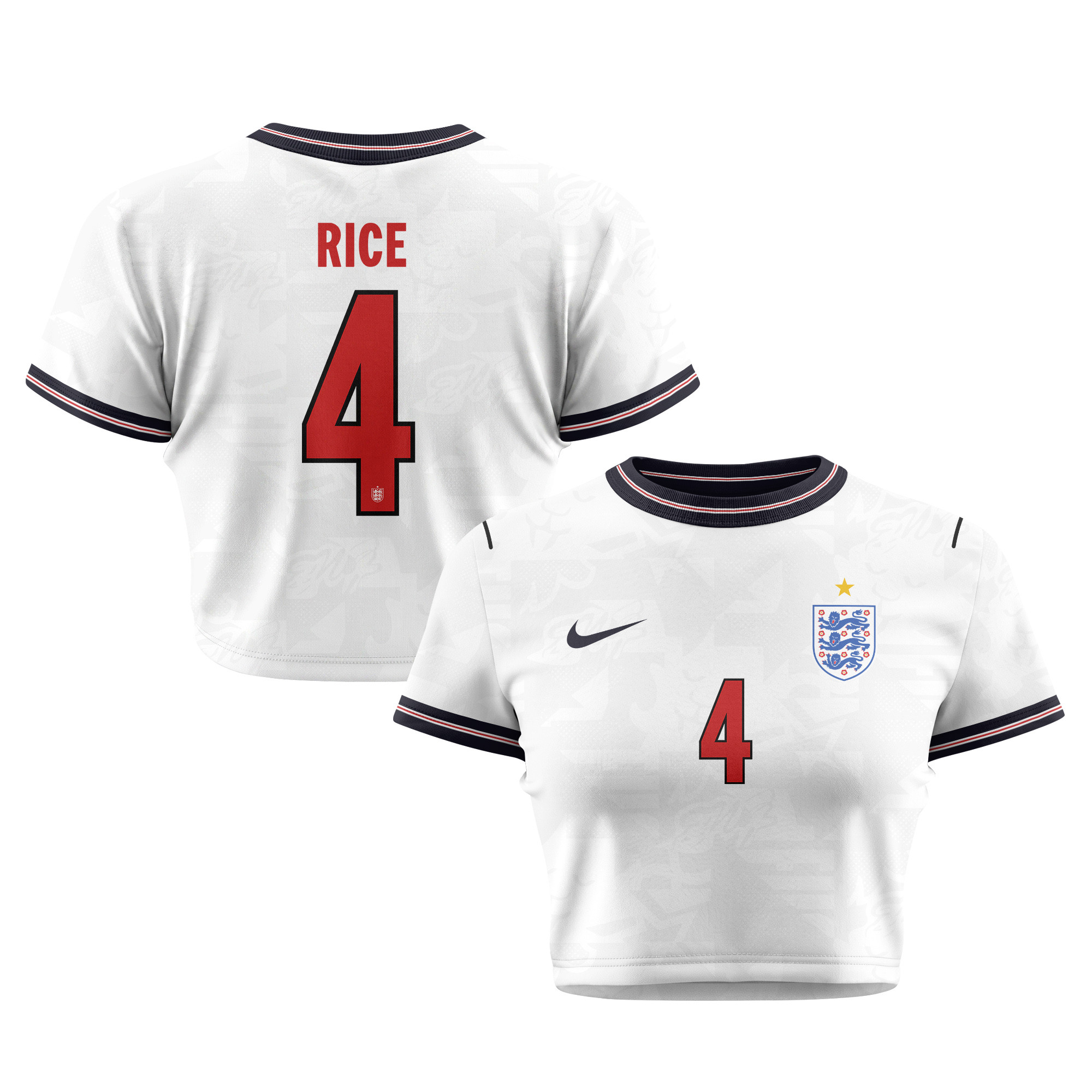 Declan Rice 4 England 2026 Women's Home All-Over Print Cropped Jersey - White - Jersey Teams