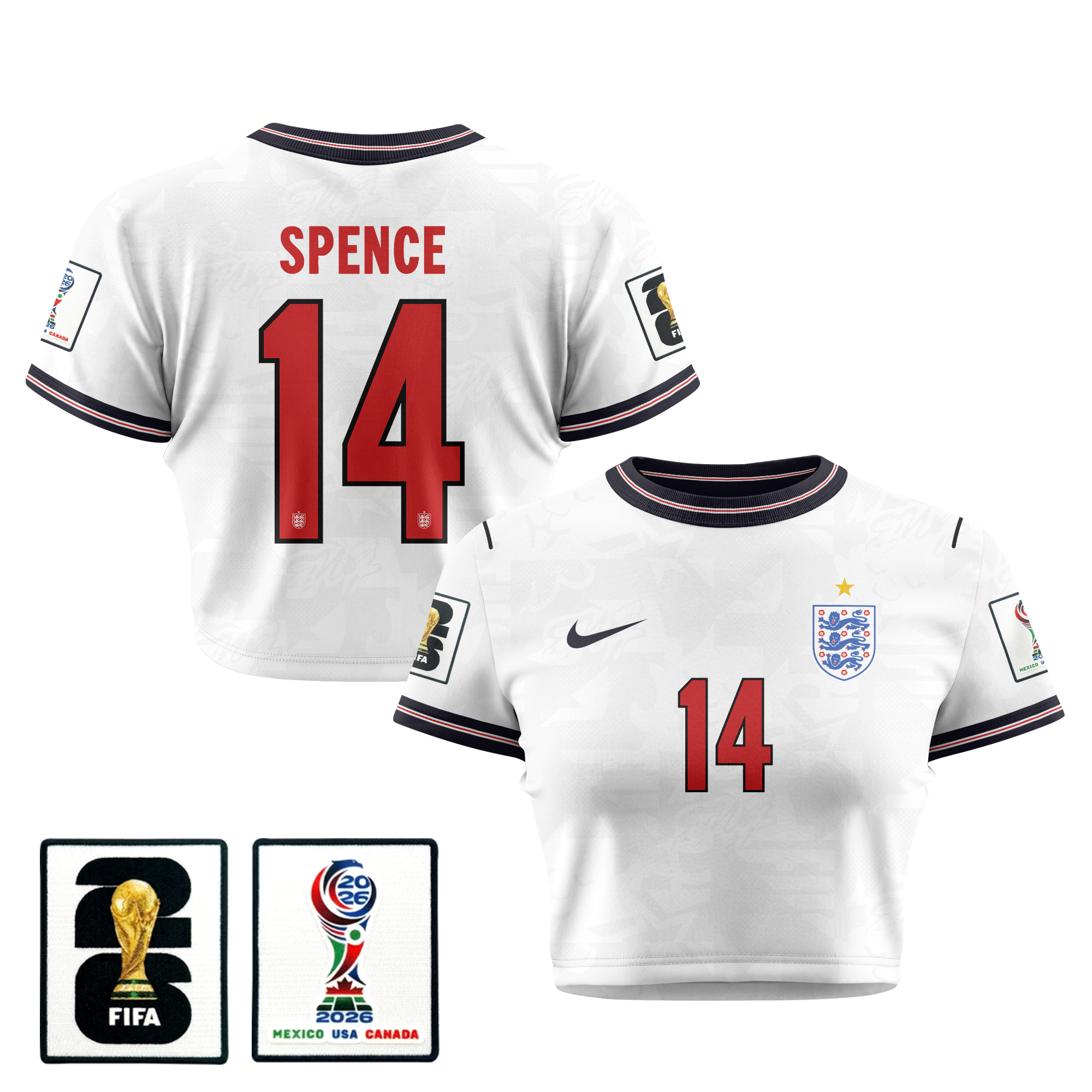 Djed Spence 14 England 2026 Women's Home All-Over Print Cropped Jersey - White - Jersey Teams