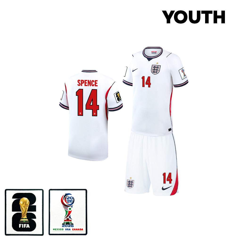 Djed Spence 14 England 2026 YOUTH Home Jersey & Shorts Set – White – Jersey Teams