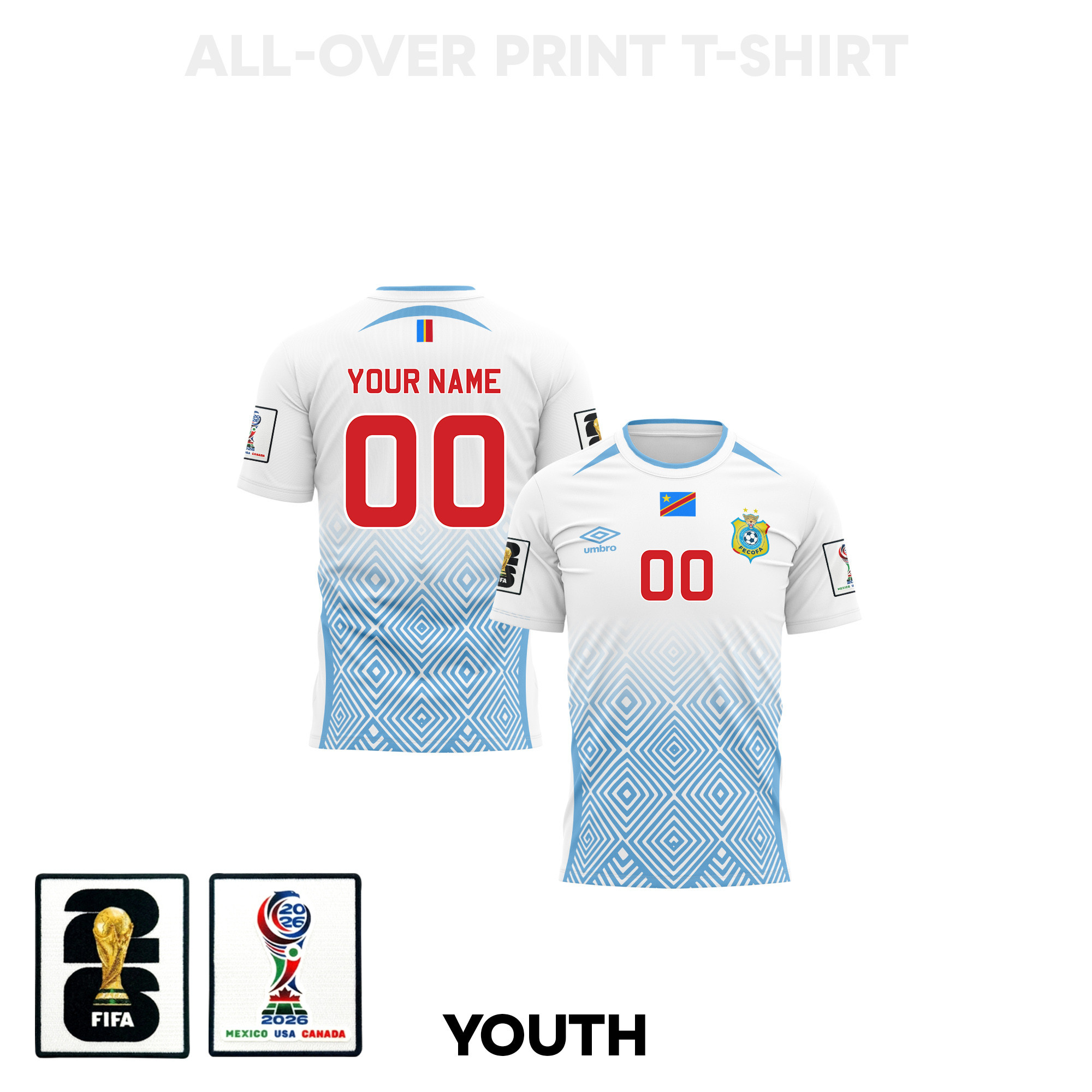 DR Congo 2026 Personalized Youth Away 3D T-shirt Fully Printed – White – Jersey Teams