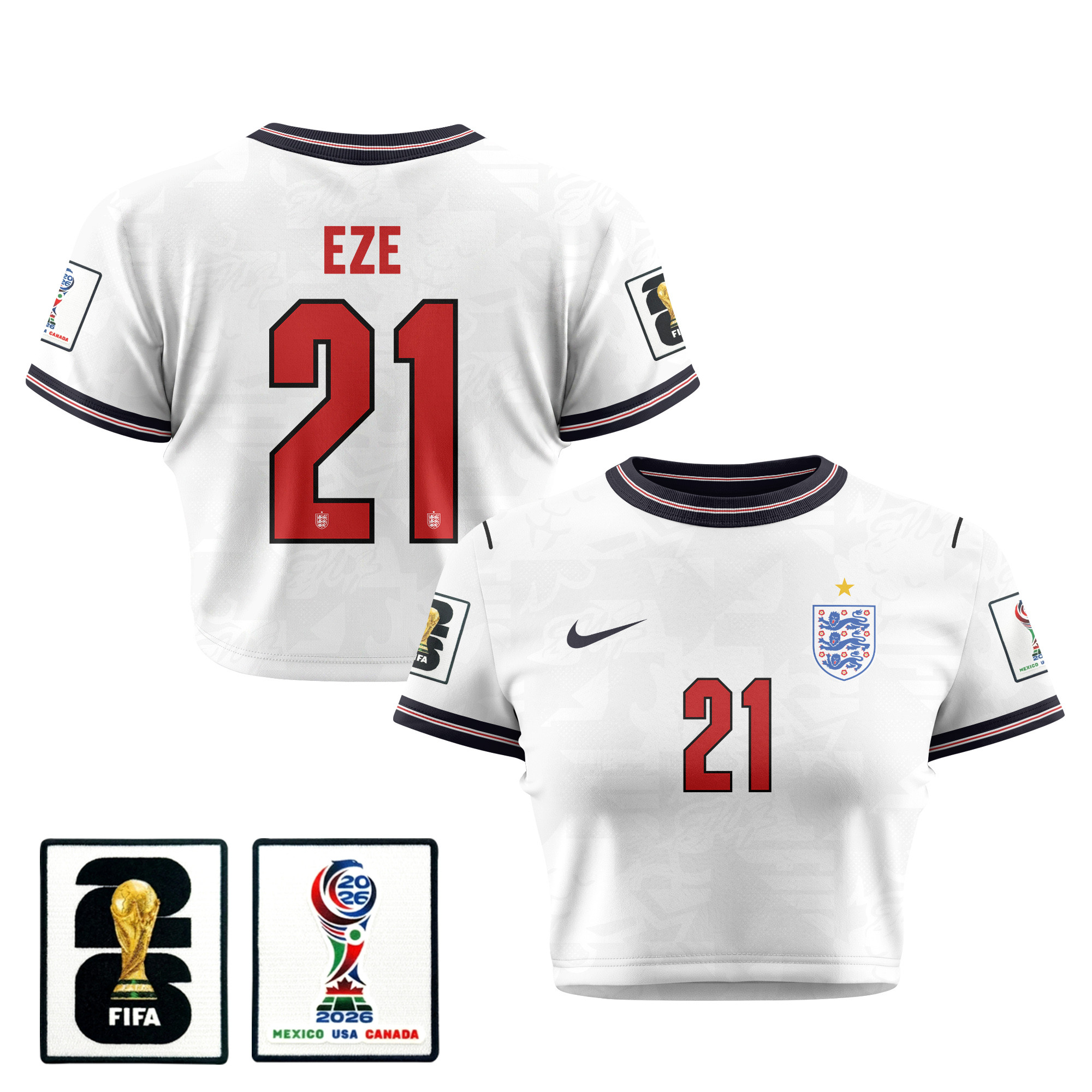 Eberechi Eze 21 England 2026 Women's Home All-Over Print Cropped Jersey - White - Jersey Teams