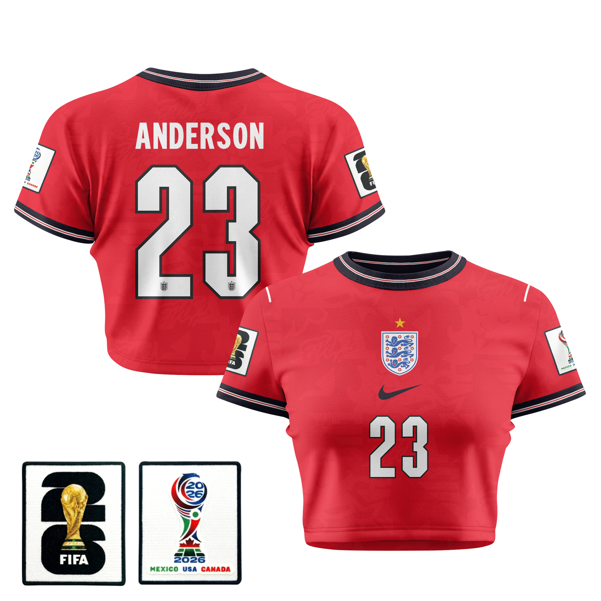 Elliot Anderson 23 England 2026 Women’s Home All-Over Print Cropped Jersey – Red – Jersey Teams