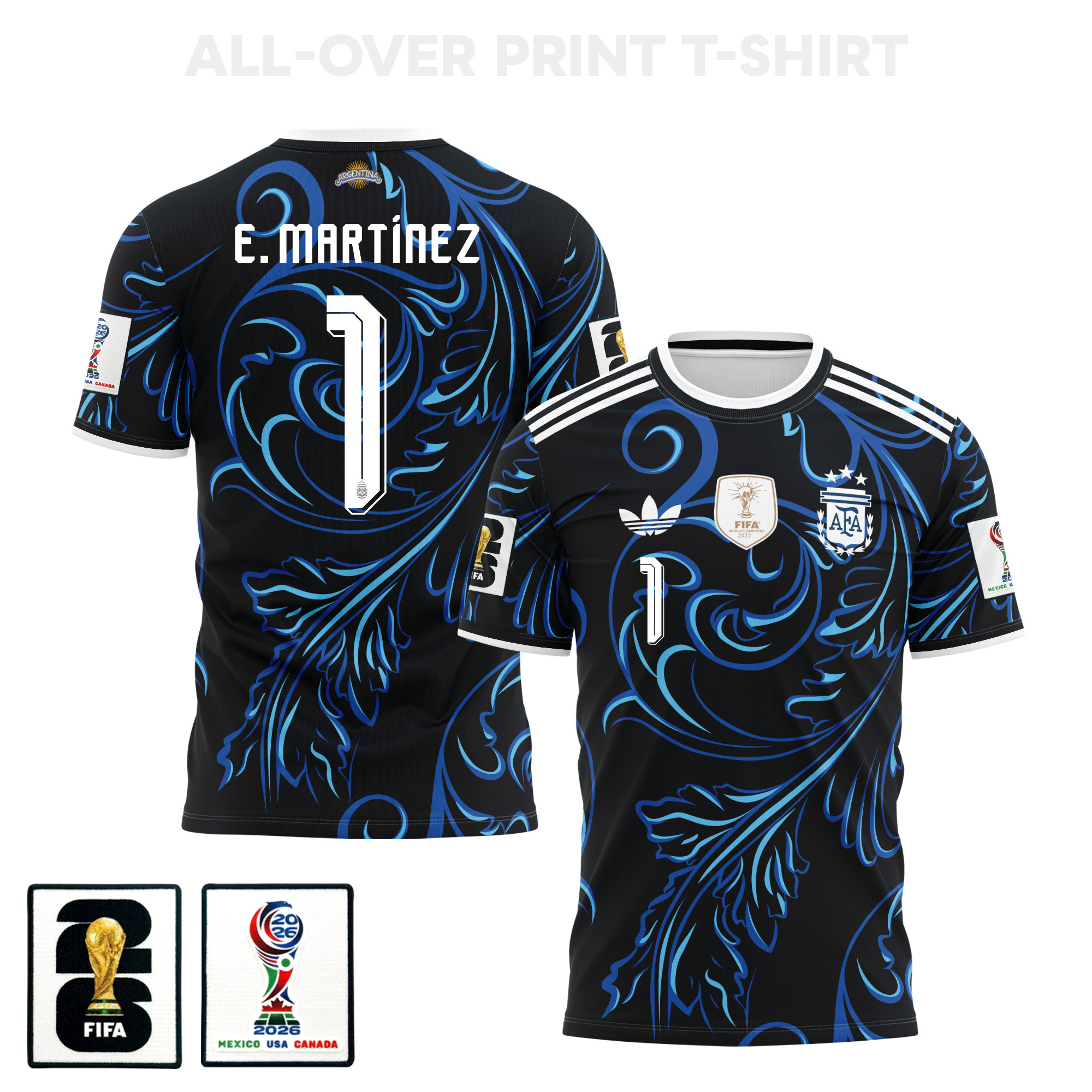 Emiliano Martínez 1 Argentina 2026 Away 3D T-Shirt Fully Printed – Unisex, Black - Jersey Teams