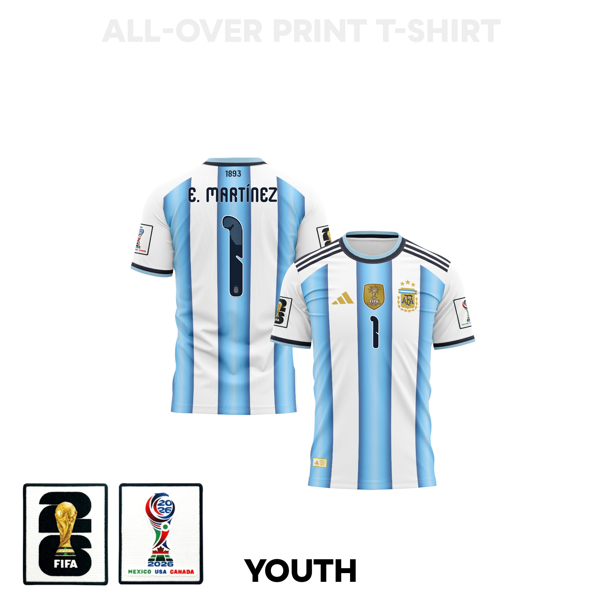Emiliano Martínez 1 Youth Argentina 2026 Home 3D T-shirt Fully Printed – White - Jersey Teams
