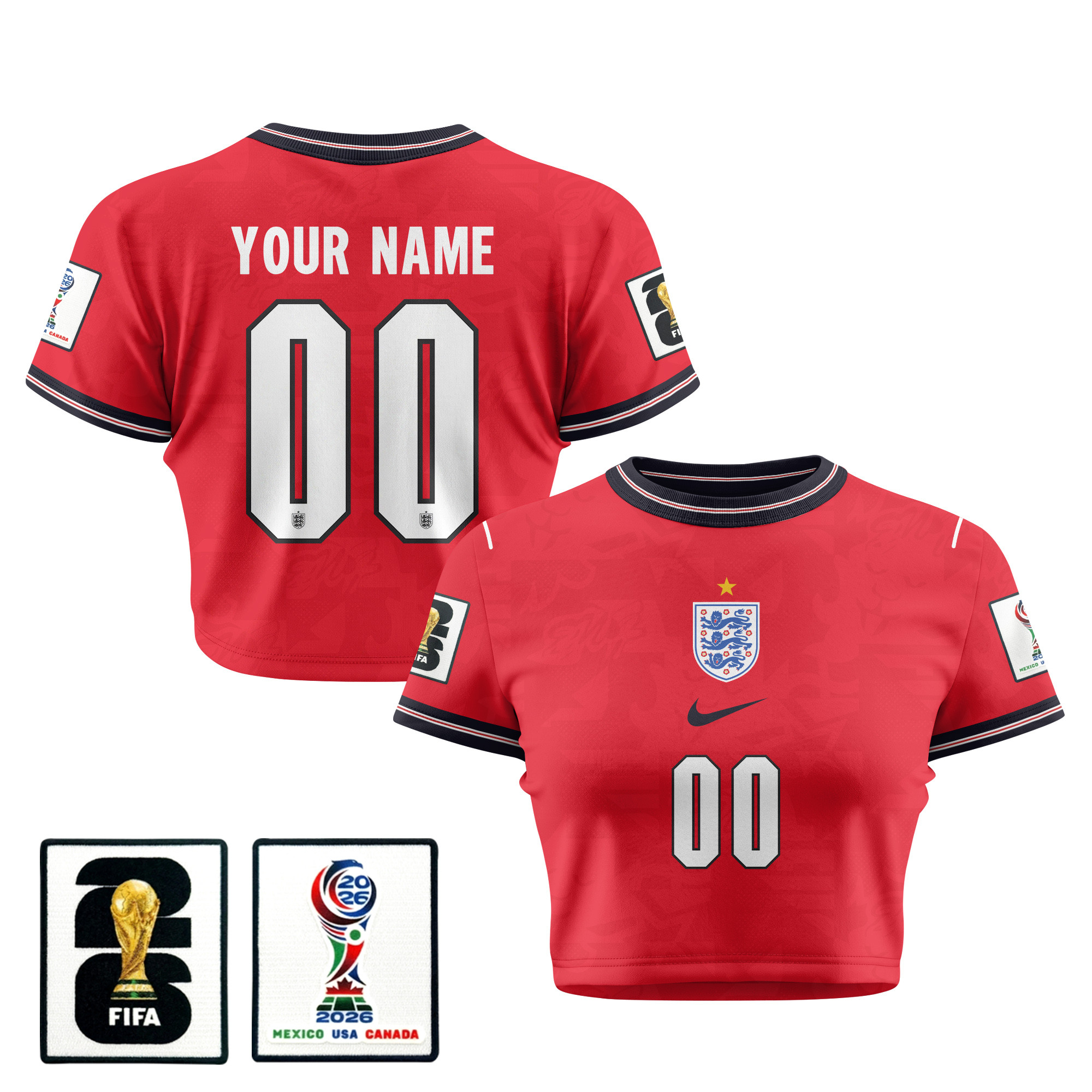 England 2026 Women's Away All-Over Print Cropped Jersey - Personalized - Red - Jersey Teams