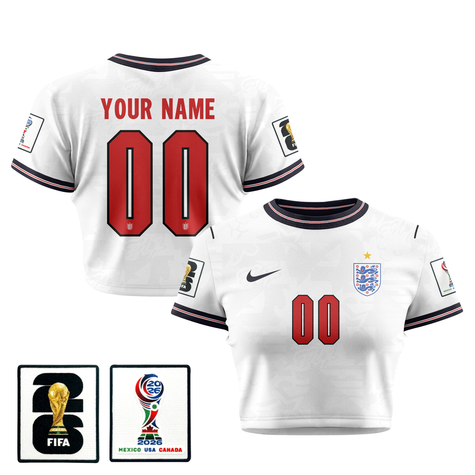 England 2026 Women's Home All-Over Print Cropped Jersey - Personalized - White - Jersey Teams