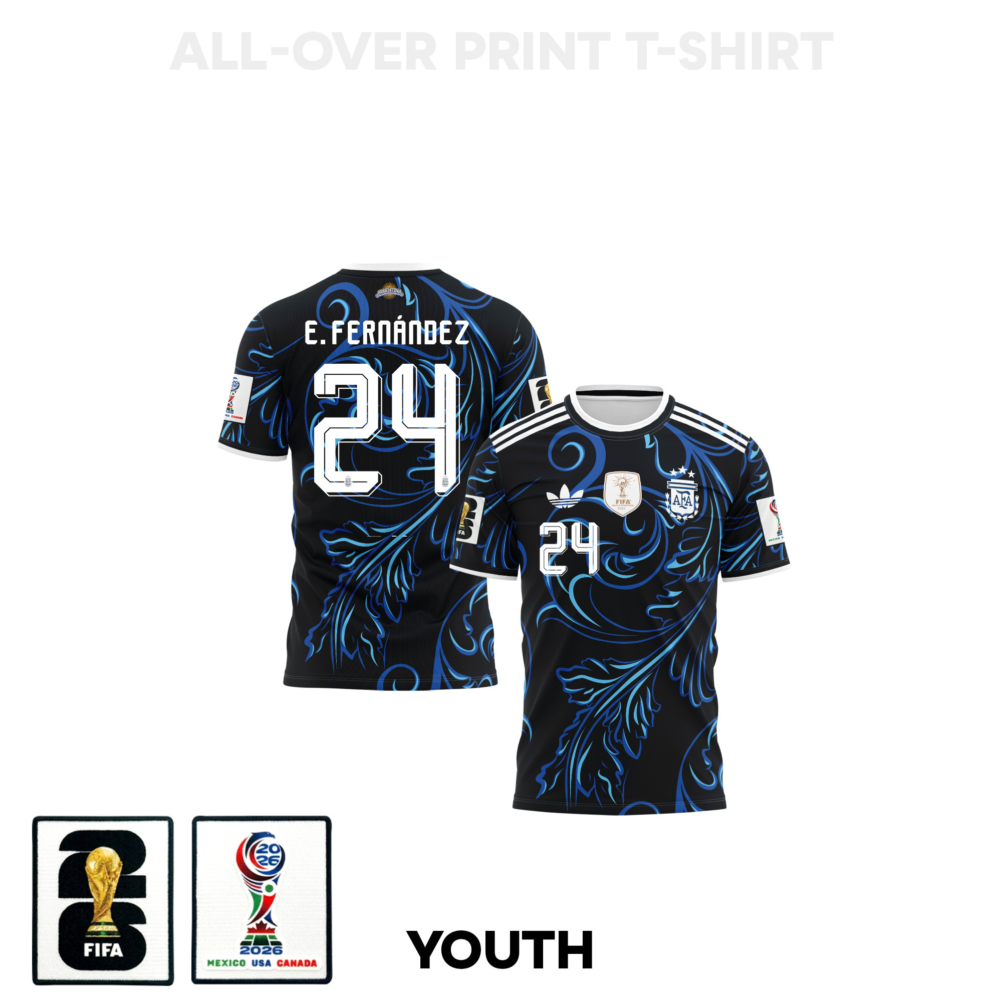 Enzo Fernández 24 Youth Argentina 2026 Away 3D T-shirt Fully Printed – Black - Jersey Teams