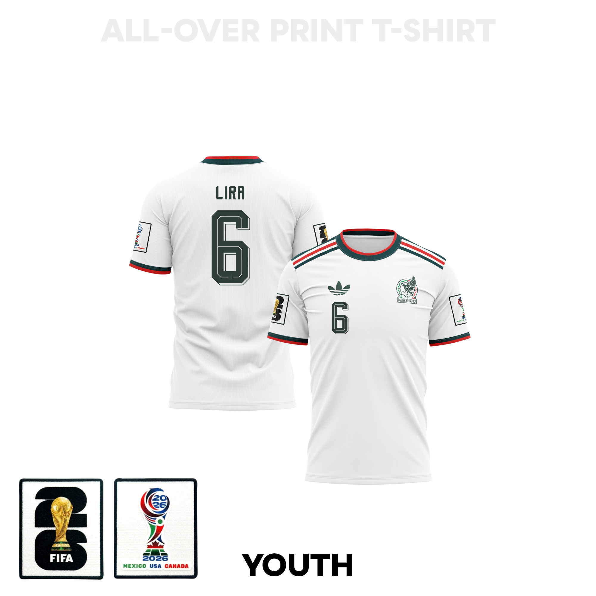 Erik Lira 6 Youth Mexico 2026 Away 3D T-shirt Fully Printed – White – Jersey Teams