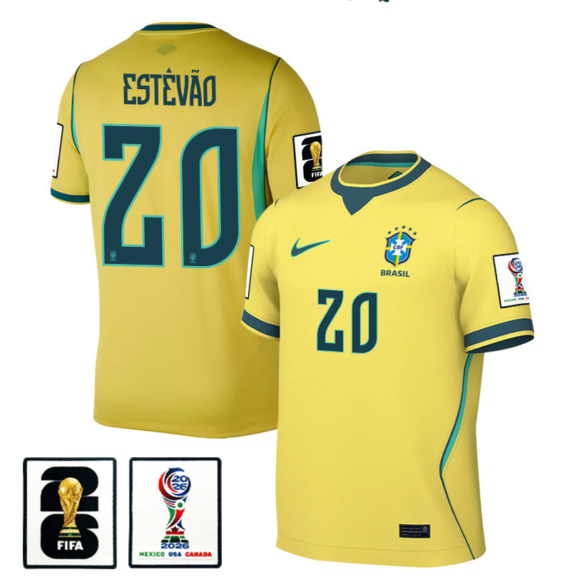 Estêvão 20 Brazil National Team 2026 x World Cup Patch Home Jersey - Yellow, Men - Jersey Teams