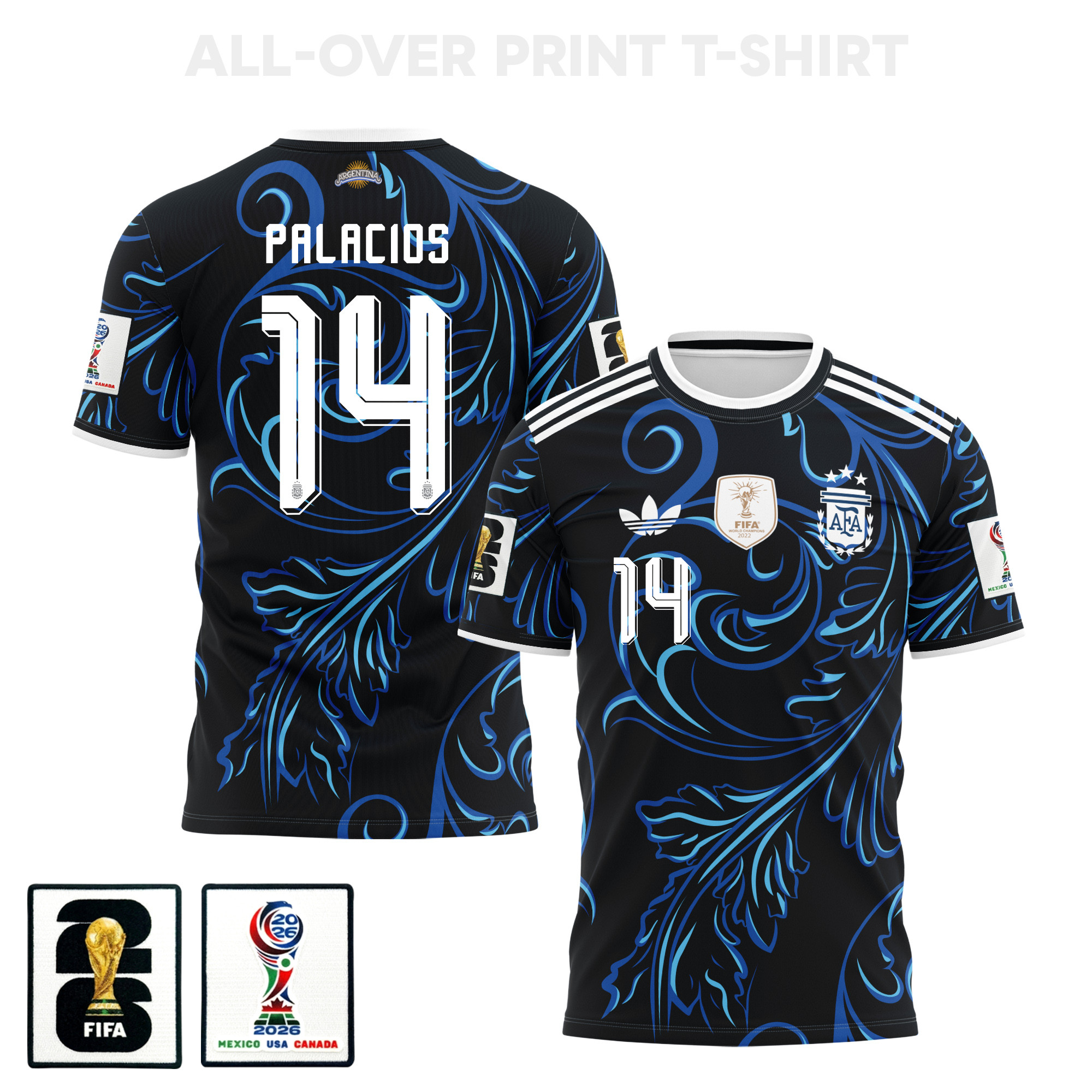 Exequiel Palacios 14 Argentina 2026 Away 3D T-Shirt Fully Printed – Unisex, Black - Jersey Teams