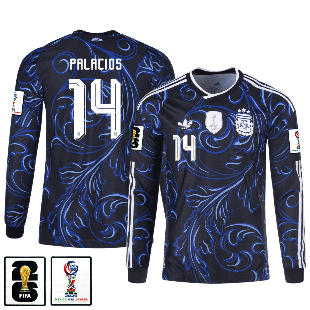Exequiel Palacios 14 Argentina 2026 Away Long Sleeve Jersey - Black - Jersey Teams