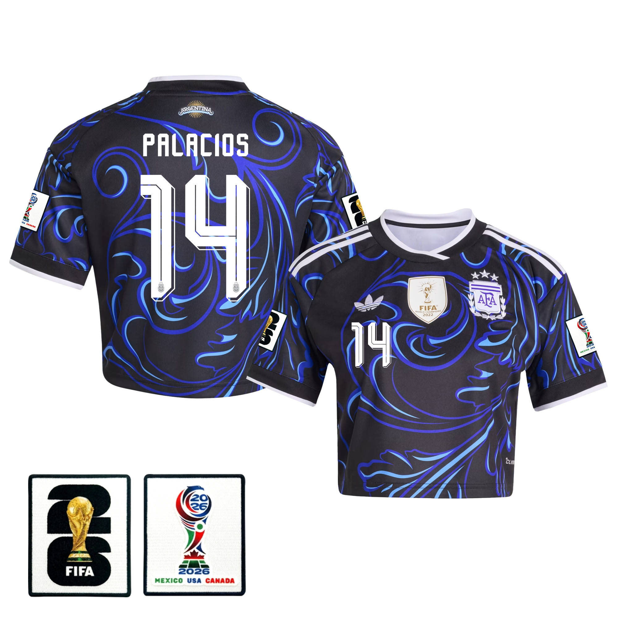 Exequiel Palacios 14 Argentina 2026 Away Women’s Cropped Jersey – Black – Jersey Teams