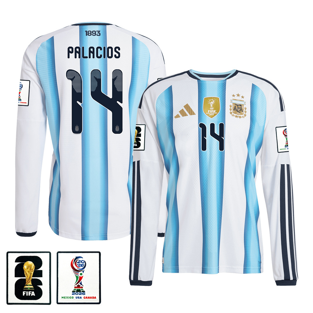 Exequiel Palacios 14 Argentina 2026 Home Long Sleeve Jersey - White - Jersey Teams