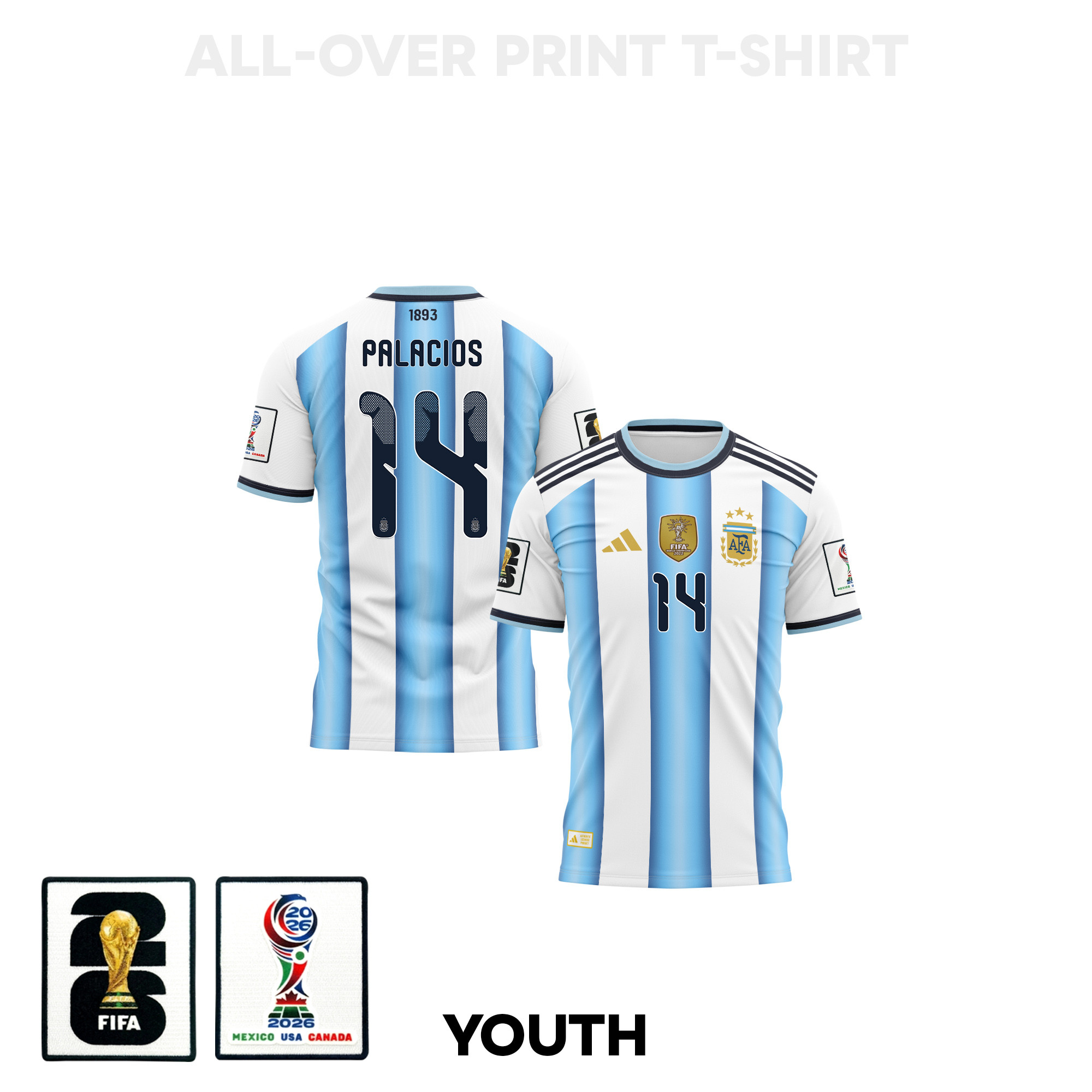Exequiel Palacios 14 Youth Argentina 2026 Home 3D T-shirt Fully Printed – White - Jersey Teams