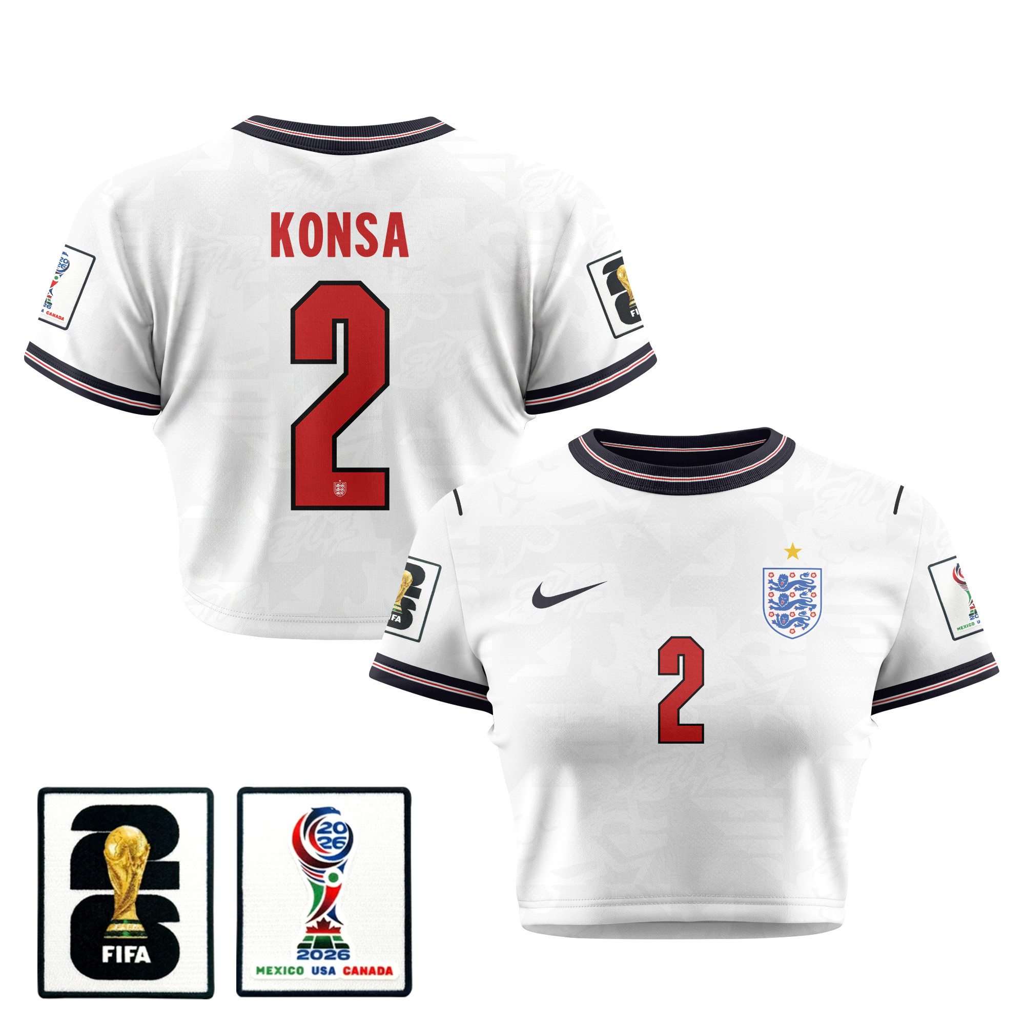 Ezri Konsa 2 England 2026 Women's Home All-Over Print Cropped Jersey - White - Jersey Teams