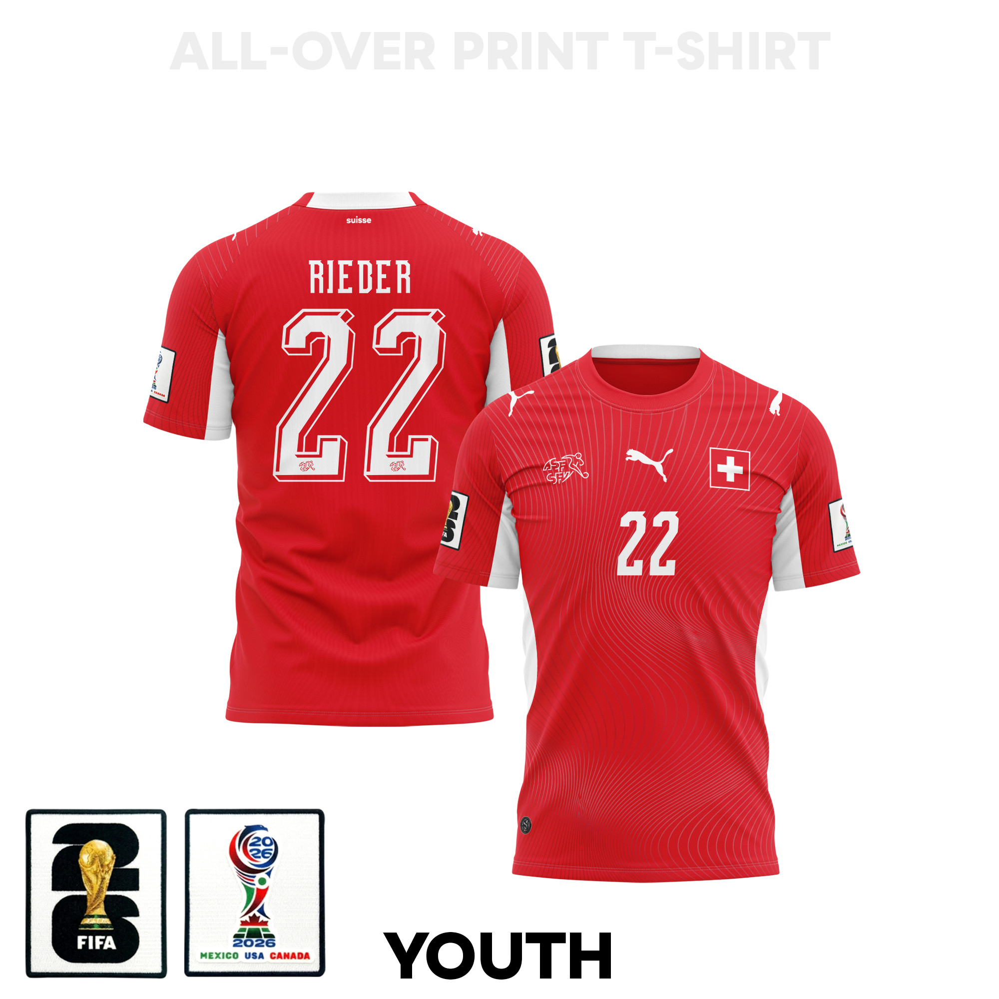 Fabian Rieder 22 Youth Switzerland 2026 Home 3D T-shirt Fully Printed – Red – Jersey Teams