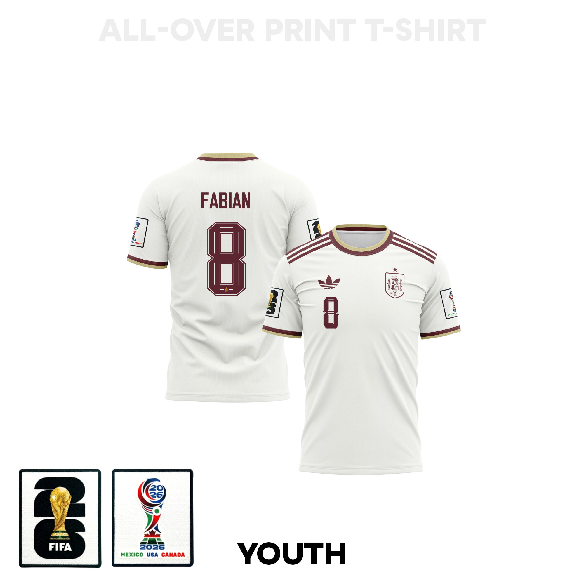 Fabián Ruiz 8 Youth Spain 2026 Away 3D T-shirt Fully Printed – White – Jersey Teams