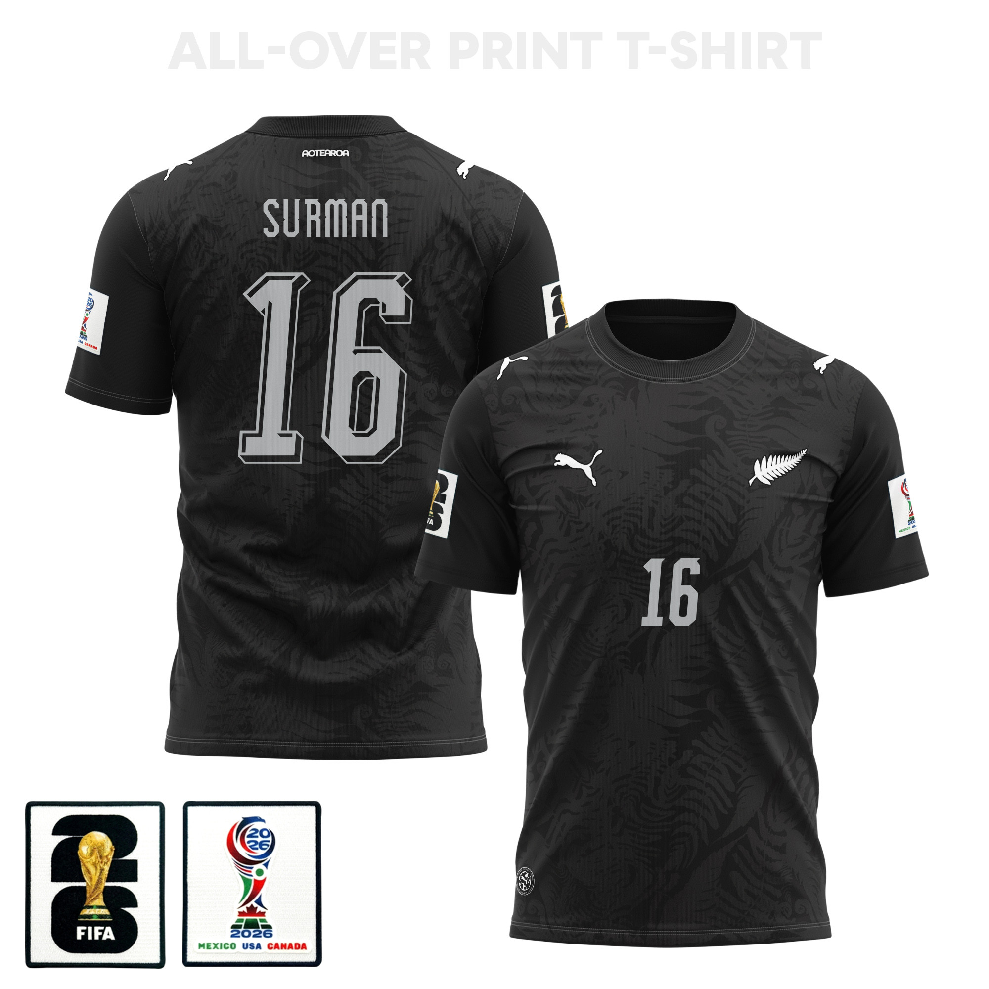 Finn Surman 16 New Zealand 2026 Home 3D T-Shirt Fully Printed – Unisex, Black – Jersey Teams