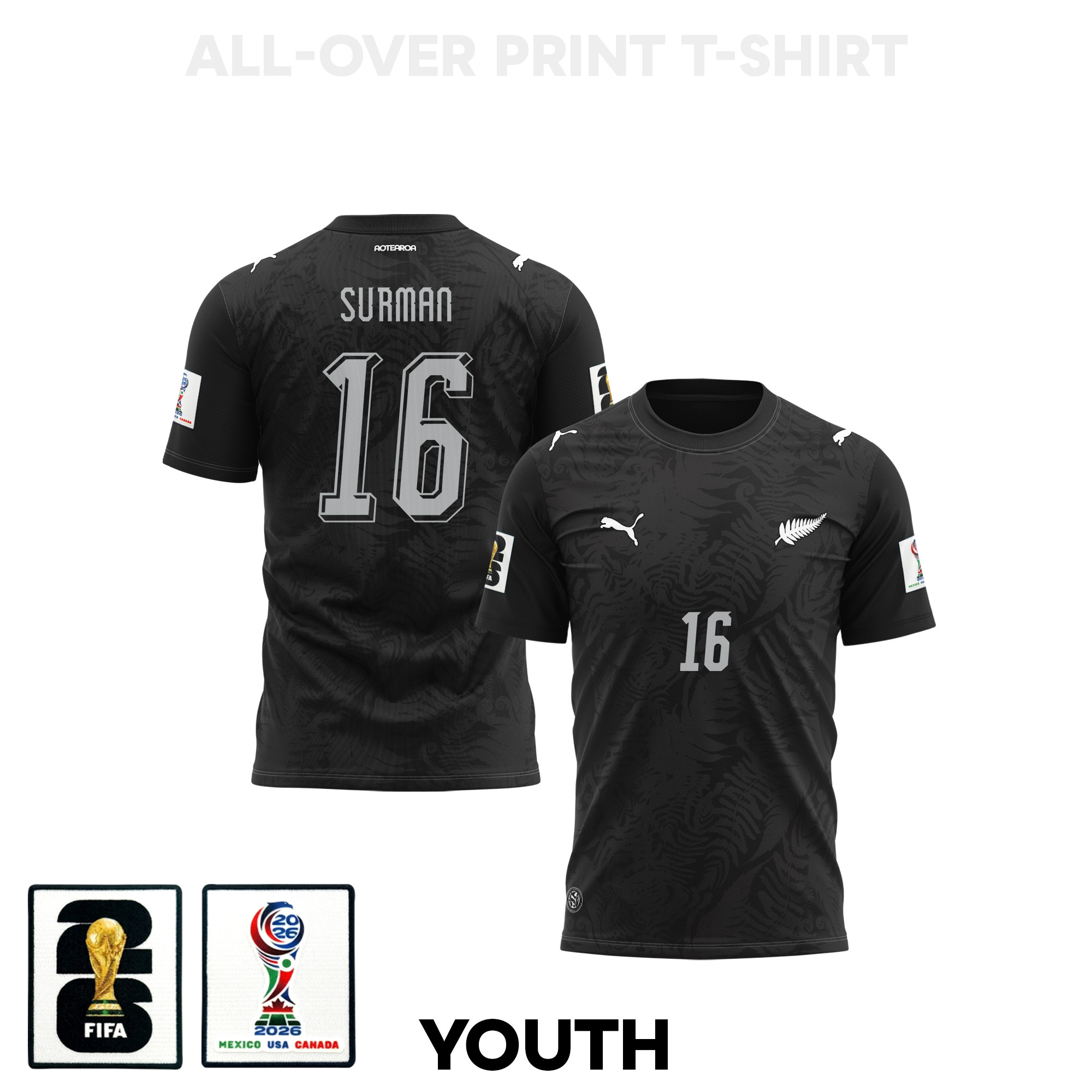 Finn Surman 16 Youth New Zealand 2026 Home 3D T-shirt Fully Printed – Black – Jersey Teams