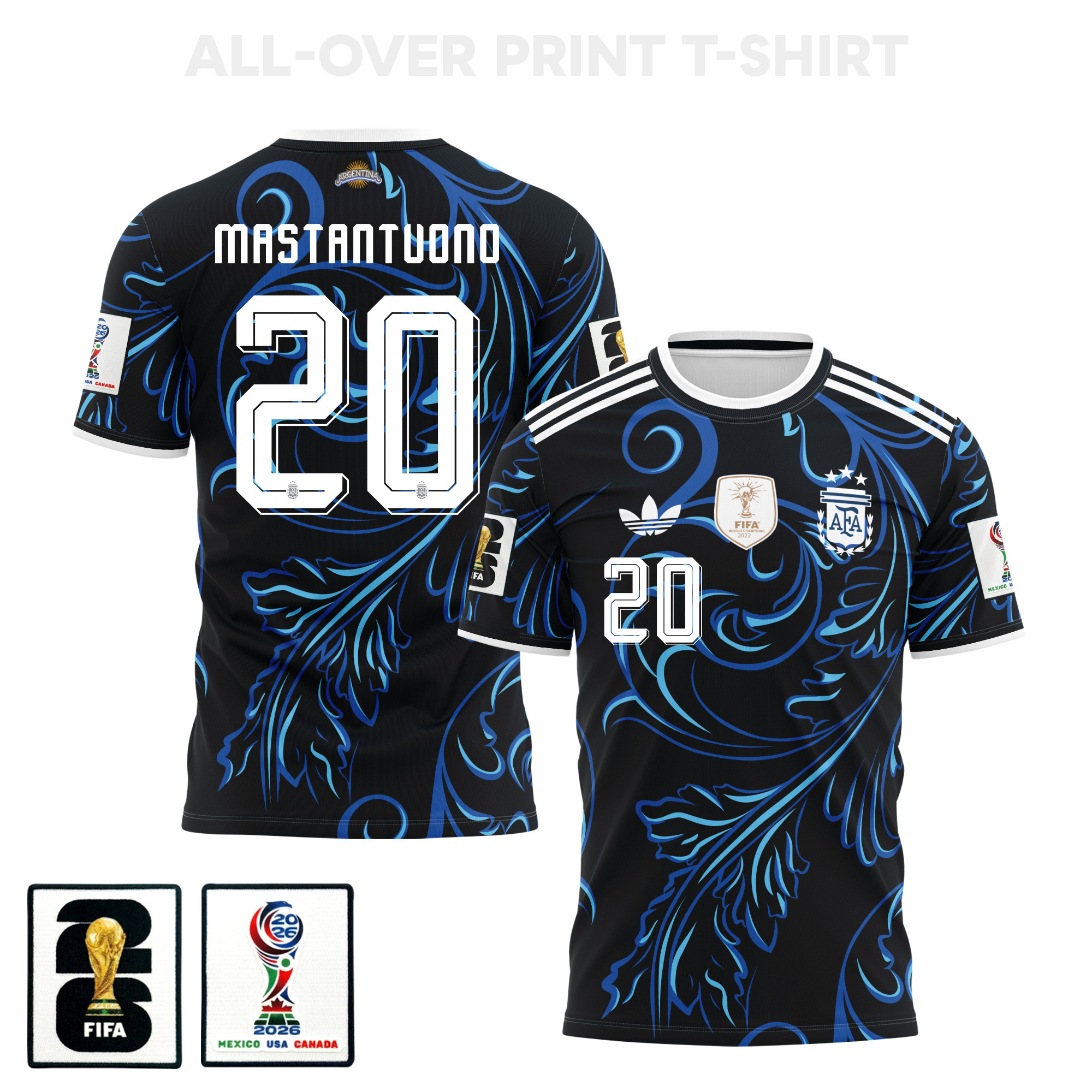 Franco Mastantuono 20 Argentina 2026 Away 3D T-Shirt Fully Printed – Unisex, Black - Jersey Teams