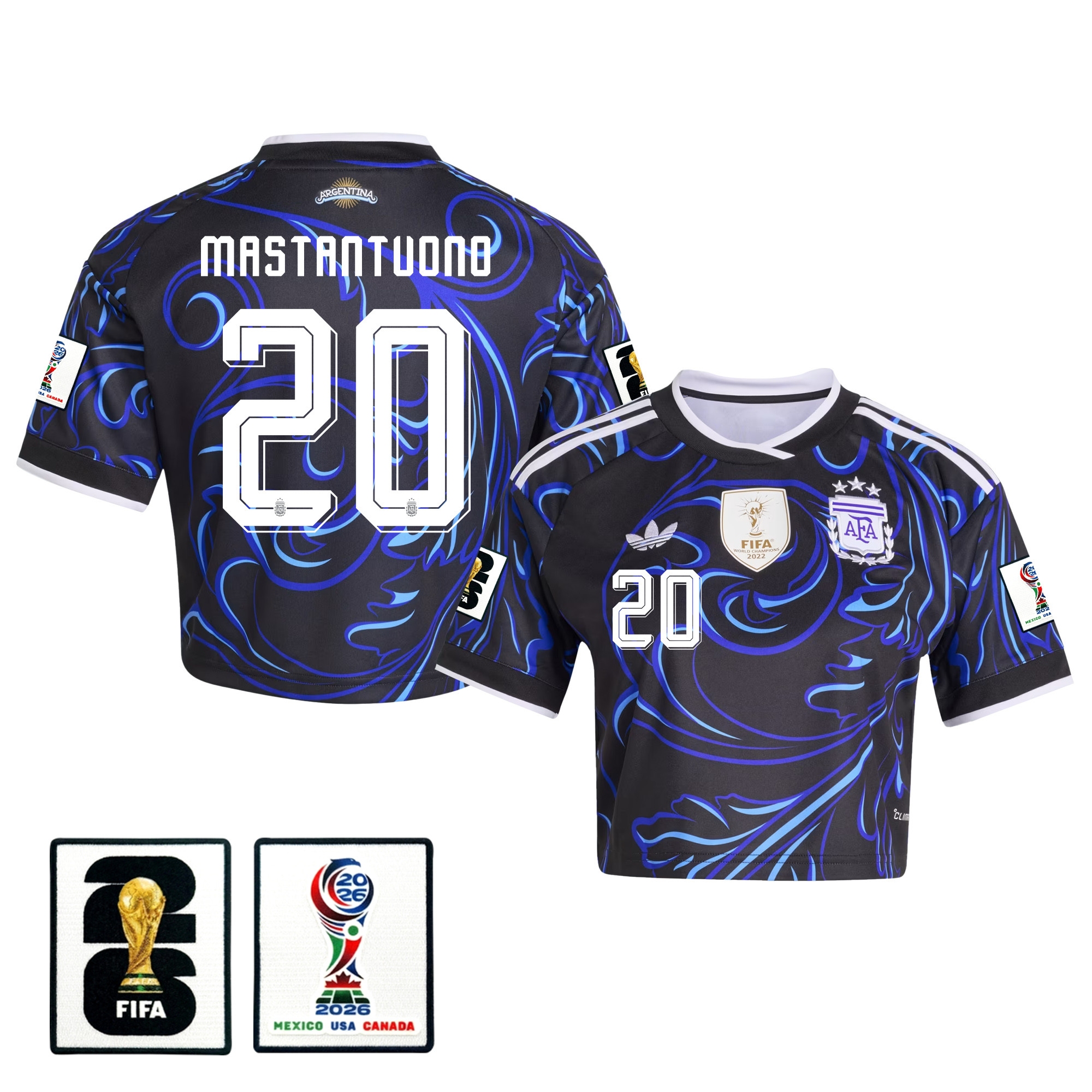 Franco Mastantuono 20 Argentina 2026 Away Women’s Cropped Jersey – Black – Jersey Teams