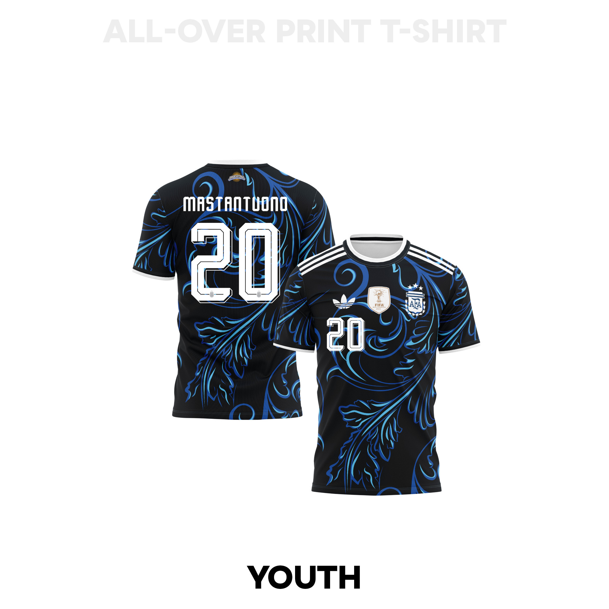 Franco Mastantuono 20 Youth Argentina 2026 Away 3D T-shirt Fully Printed – Black - Jersey Teams