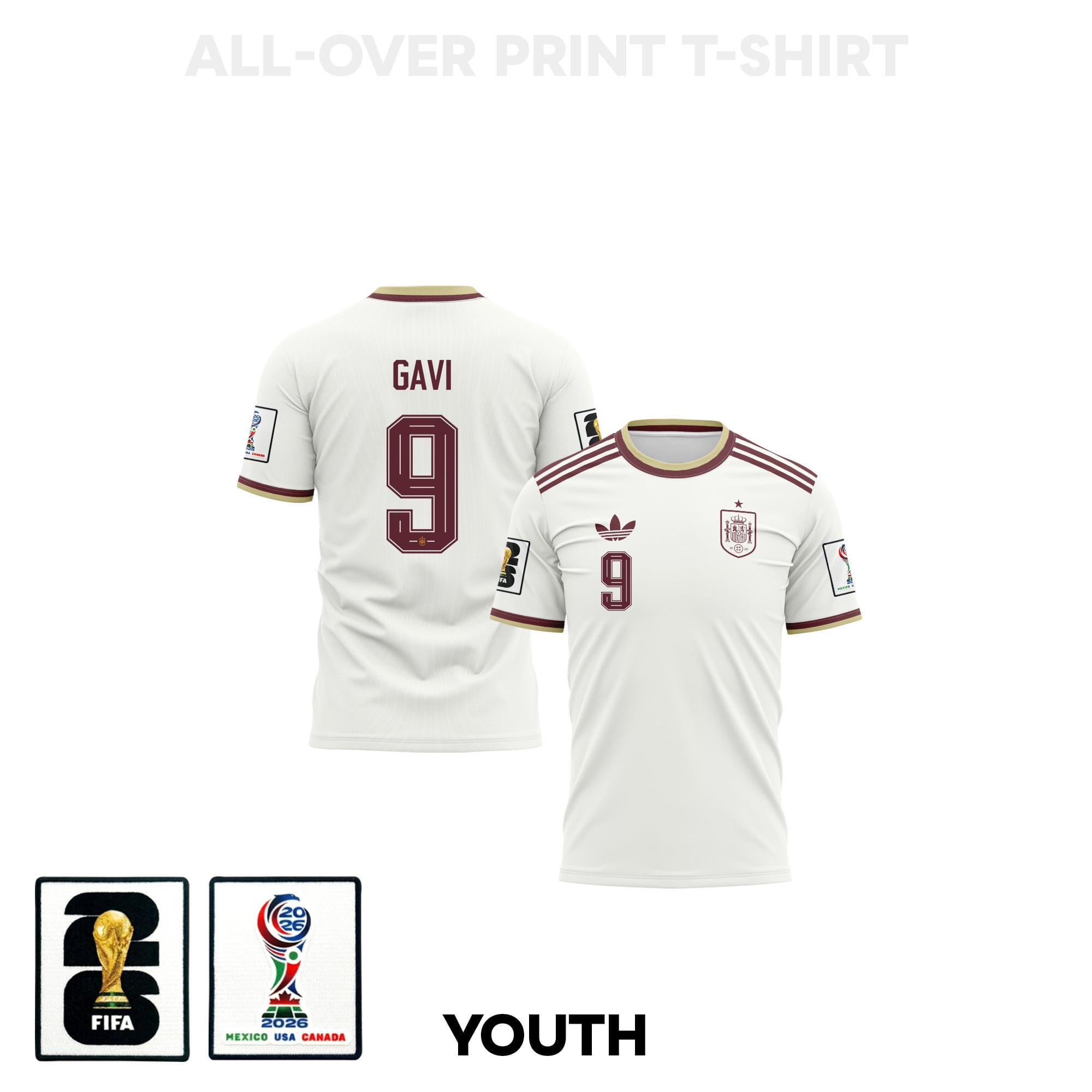 Gavi 9 Youth Spain 2026 Away 3D T-shirt Fully Printed – White – Jersey Teams