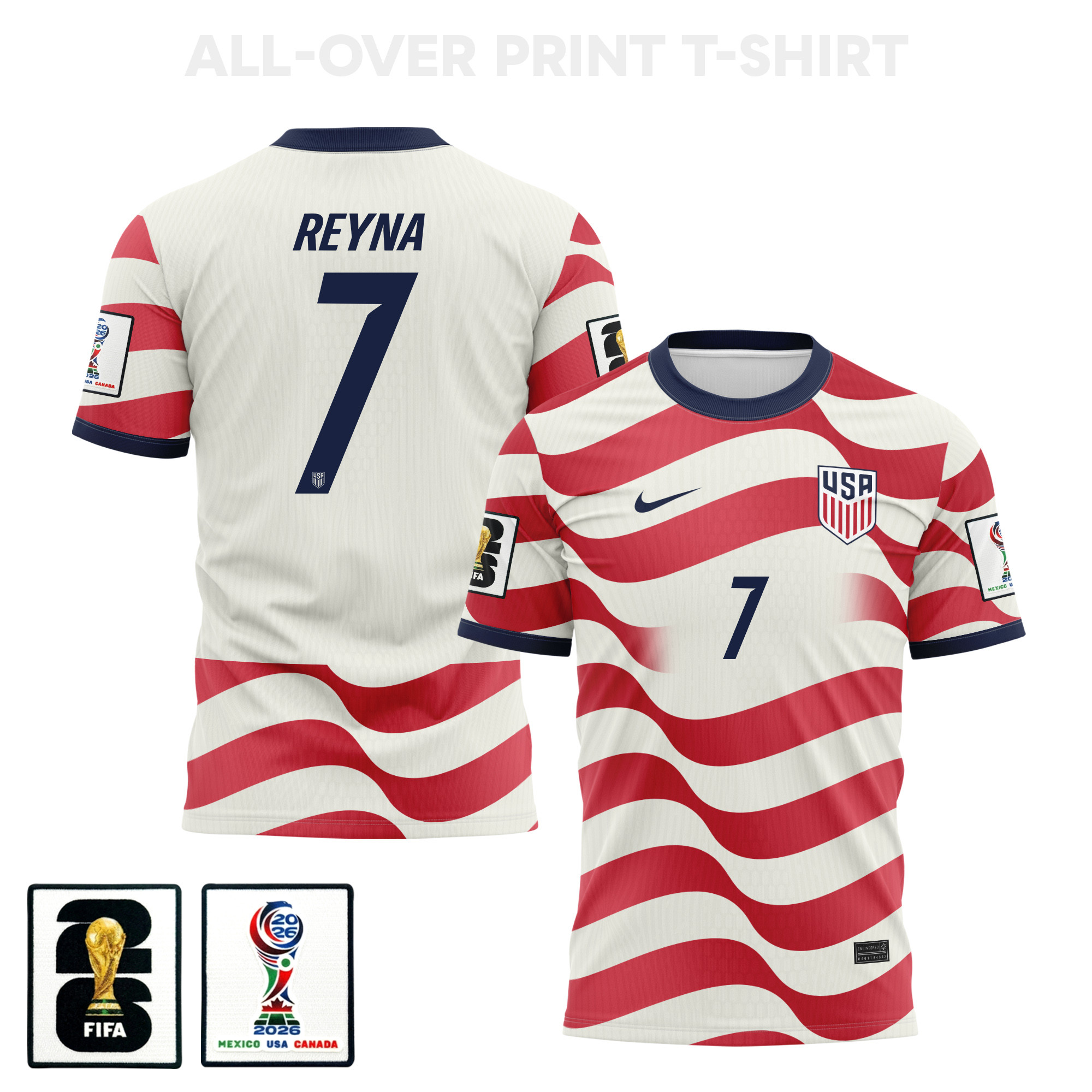 Giovanni Reyna 7 USMNT 2026 Home 3D T-Shirt Fully Printed – Unisex, White/Red - Jersey Teams