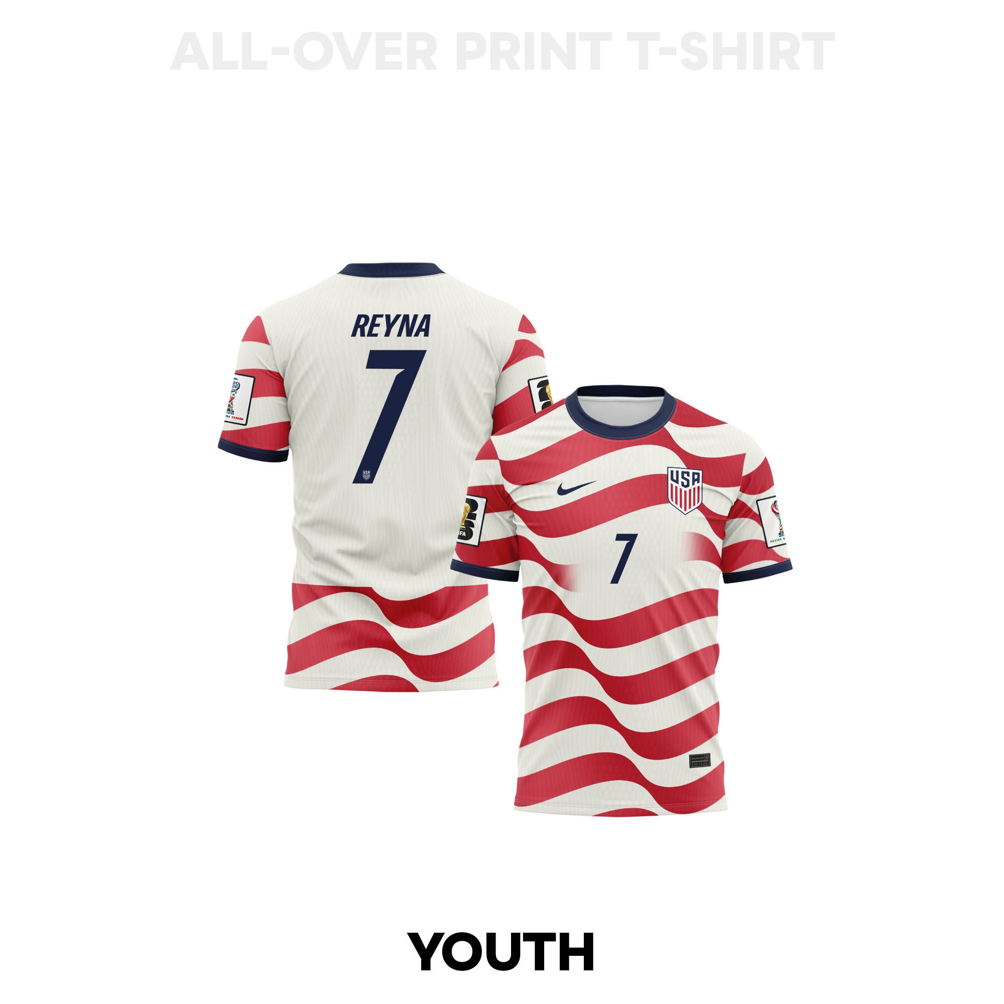 Giovanni Reyna 7 Youth USMNT 2026 Home 3D T-shirt Fully Printed – White/Red - Jersey Teams