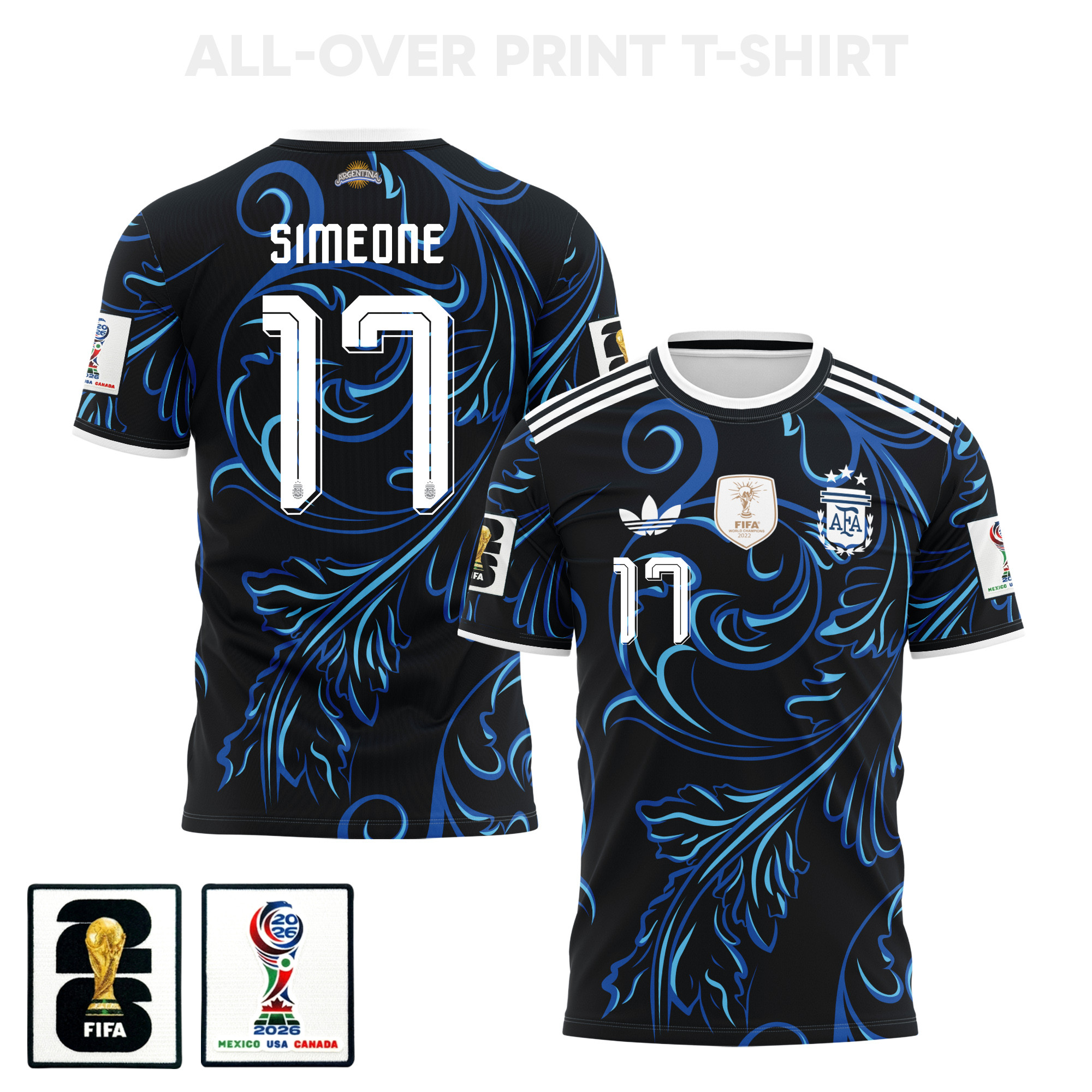Giuliano Simeone 17 Argentina 2026 Away 3D T-Shirt Fully Printed – Unisex, Black - Jersey Teams