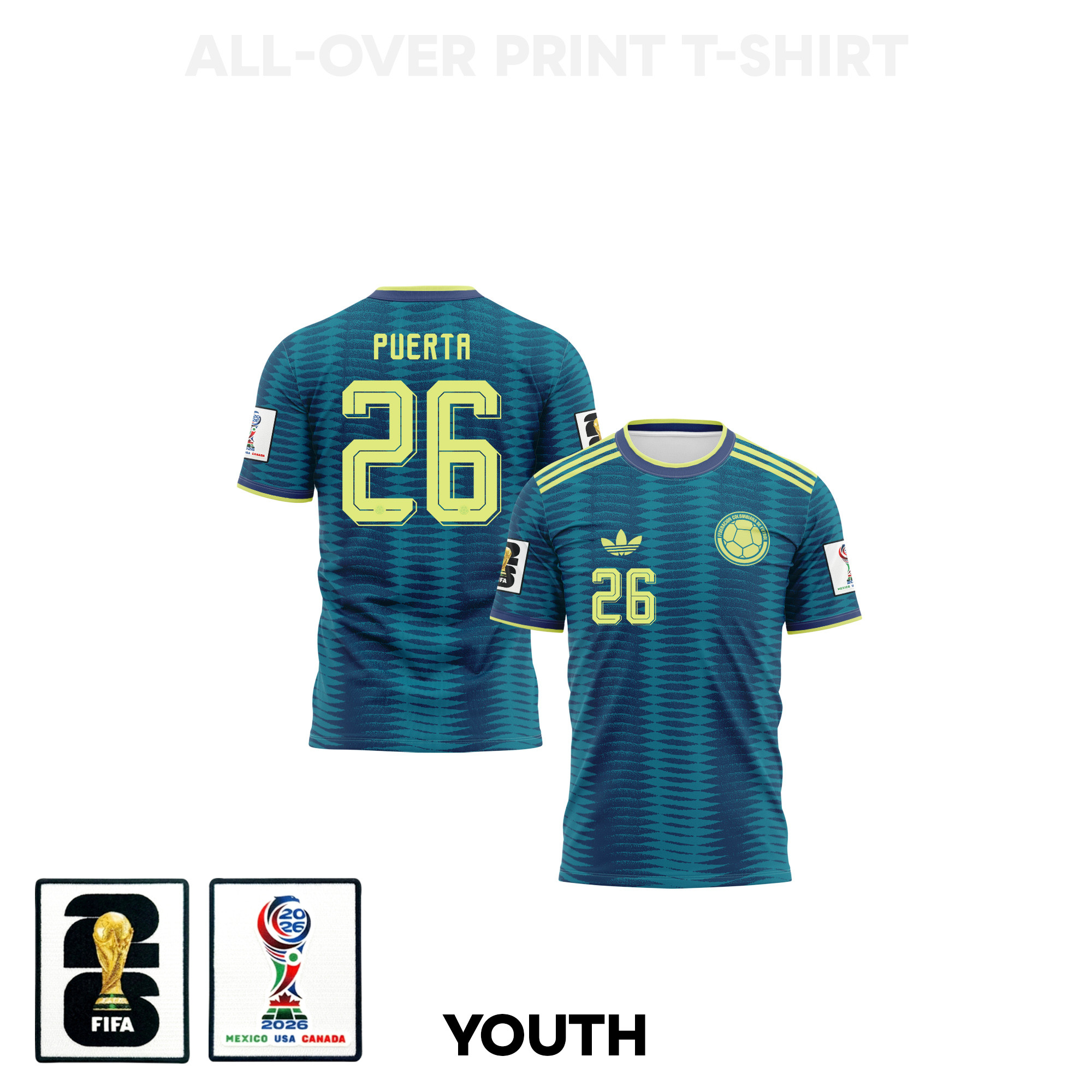 Gustavo Puerta 26 Youth Colombia 2026 Away 3D T-shirt Fully Printed – Turquoise – Jersey Teams
