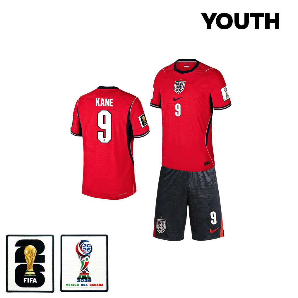 Harry Kane 9 England 2026 YOUTH Away Jersey & Shorts Set – Red/Black – Jersey Teams