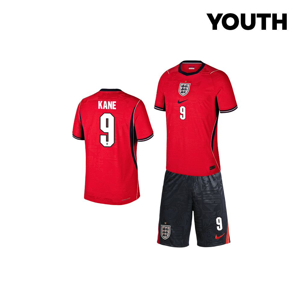 Harry Kane 9 England 2026 YOUTH Away Jersey & Shorts Set - Red/Black - Jersey Teams