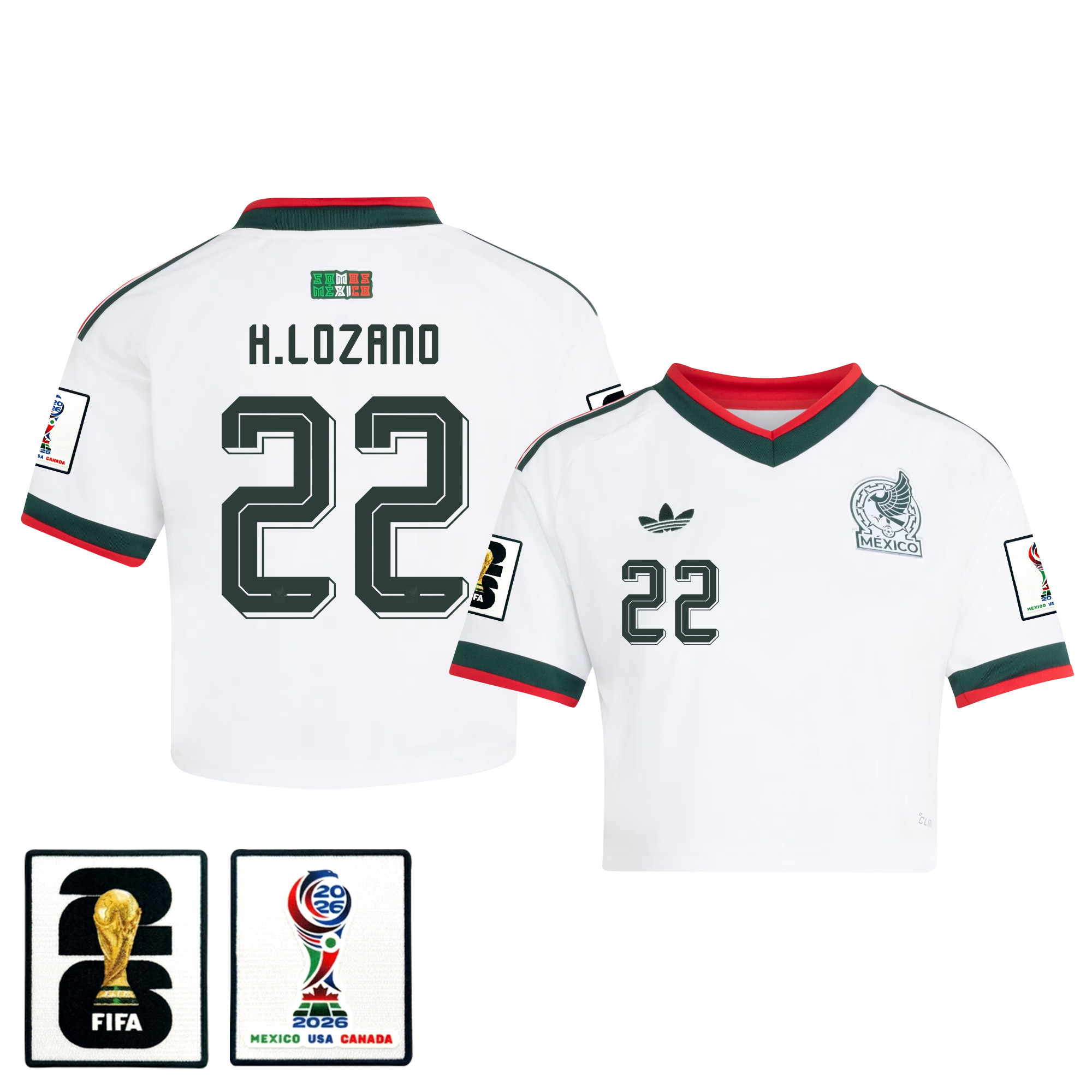 Hirving Lozano 22 Mexico 2026 Away Women’s Cropped Jersey – White – Jersey Teams