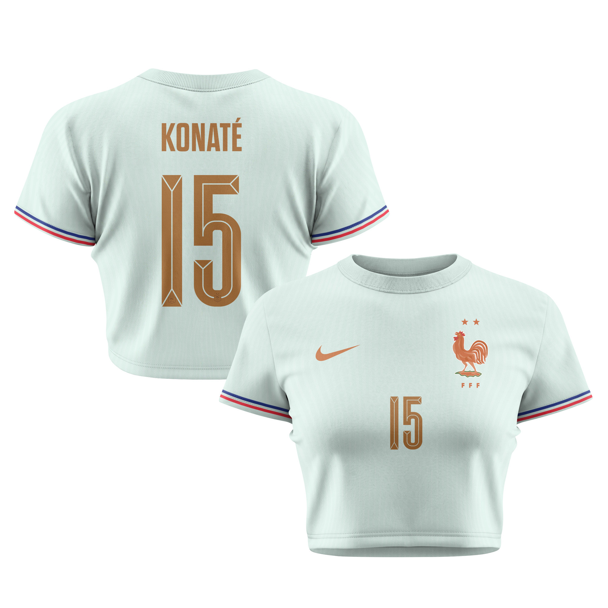 Ibrahima Konaté 15 France 2026 Women's Away All-Over Print Cropped Jersey - Green - Jersey Teams