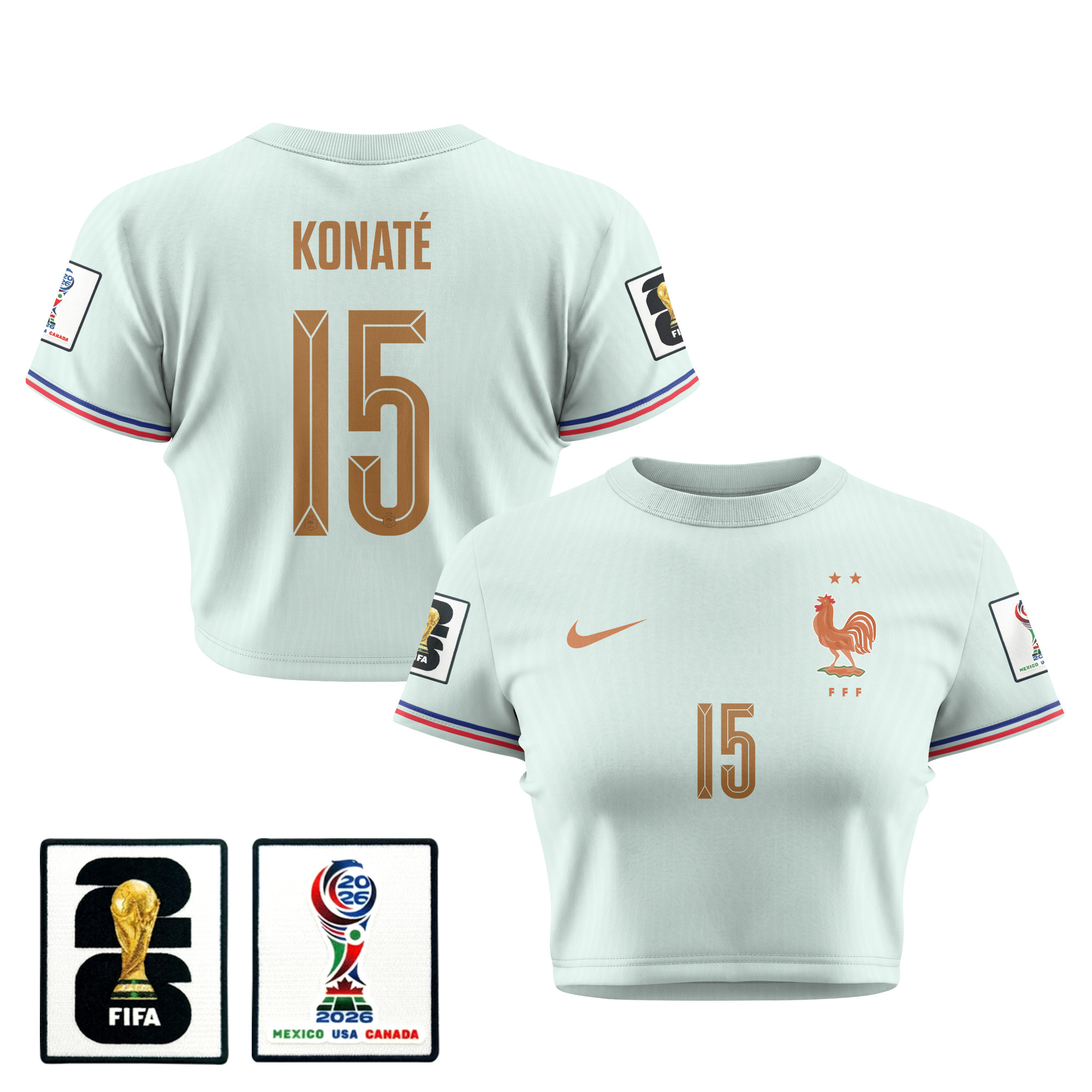 Ibrahima Konaté 15 France 2026 Women’s Away All-Over Print Cropped Jersey – Green – Jersey Teams