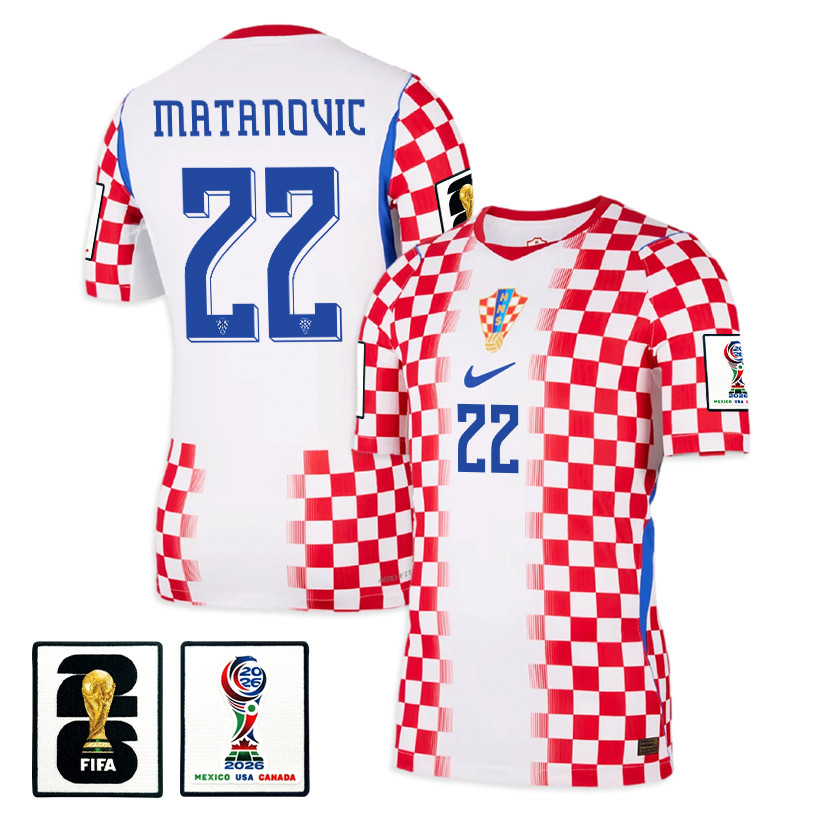 Igor Matanovic 22 Croatia National Team 2026 x World Cup Patch Home Jersey - Men, White/ Red - Jersey Teams