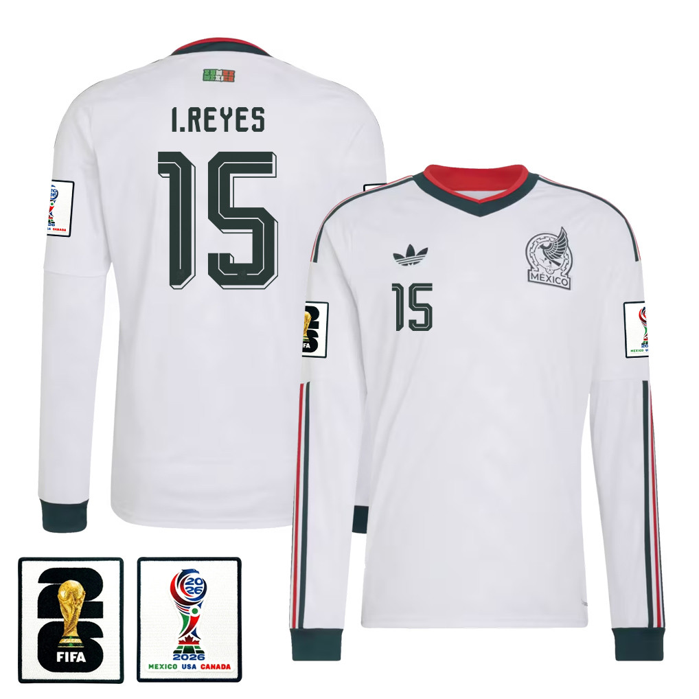 Israel Reyes 15 Mexico National Team 2026 Away Long Sleeve Jersey - White - Jersey Teams