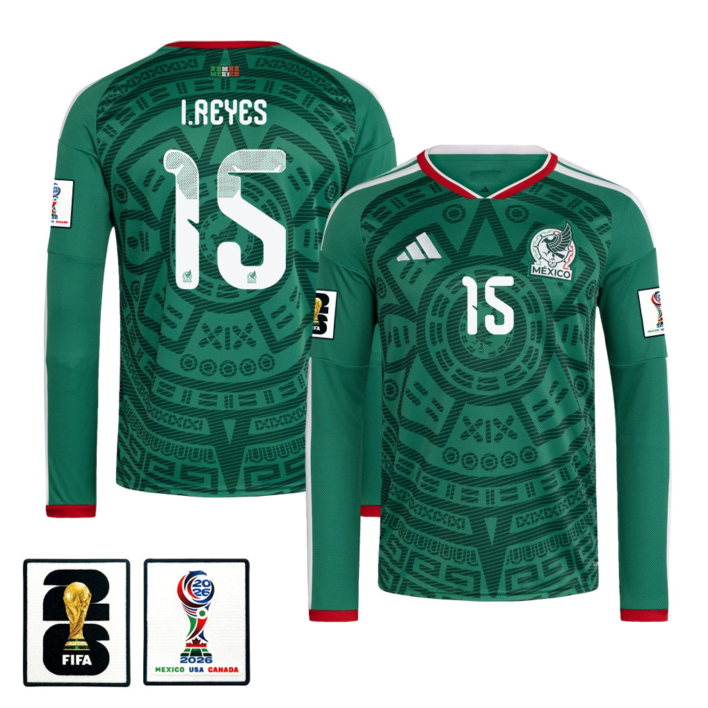 Israel Reyes 15 Mexico National Team 2026 Home Long Sleeve Jersey - Green - Jersey Teams