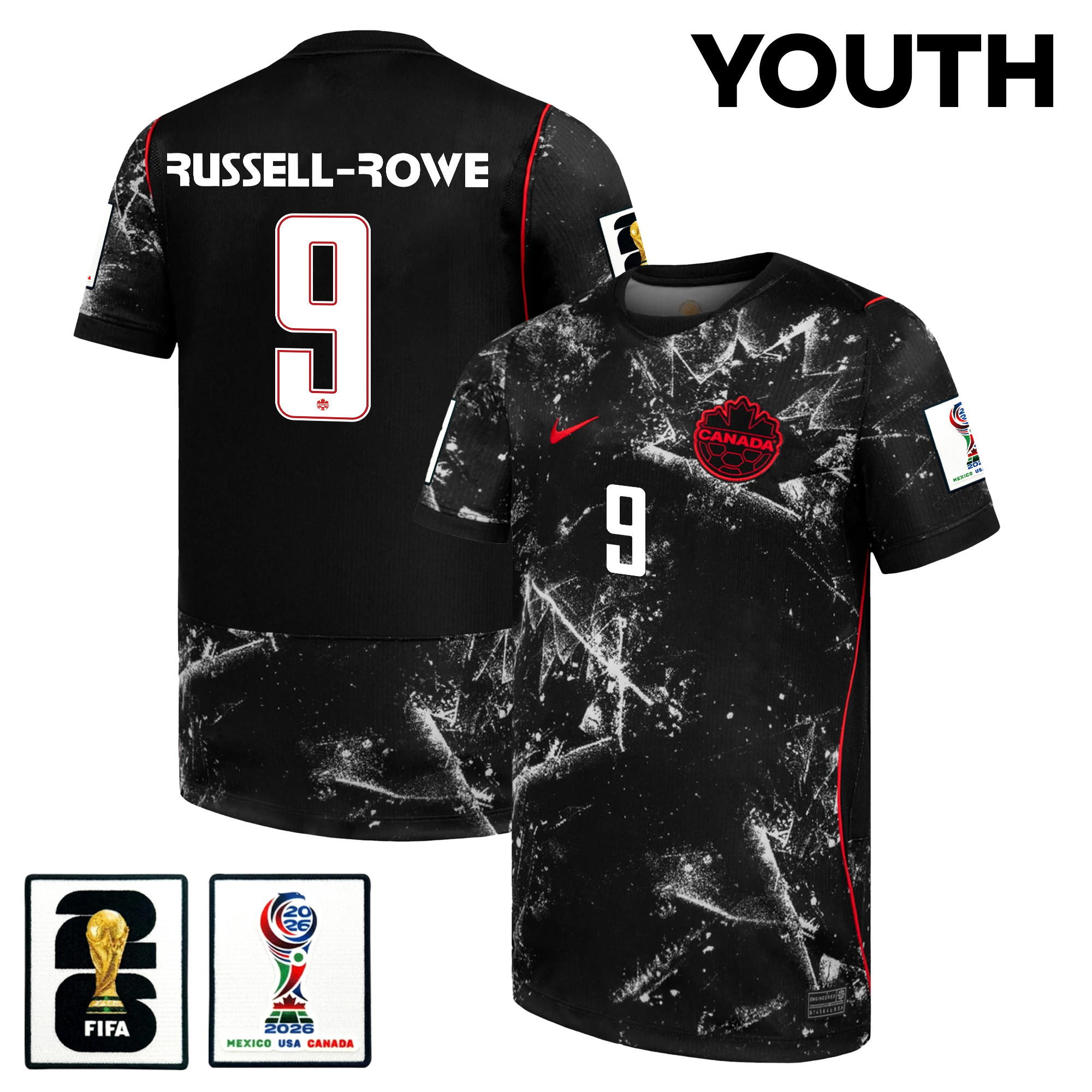 Jacen Russell-Rowe 9 Youth Canada National Team 2026 Away Jersey - Black - Jersey Teams