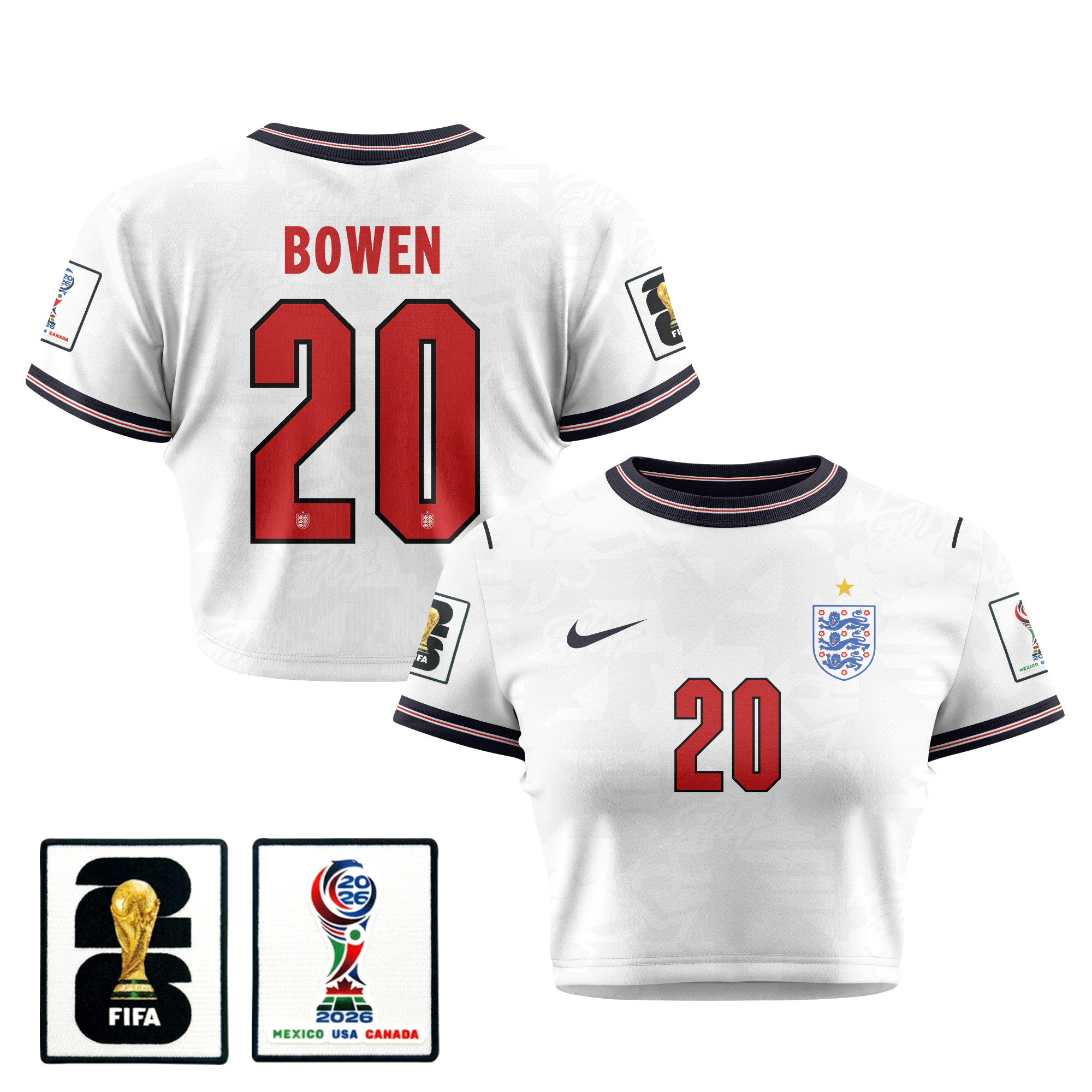 Jarrod Bowen 20 England 2026 Women's Home All-Over Print Cropped Jersey - White - Jersey Teams