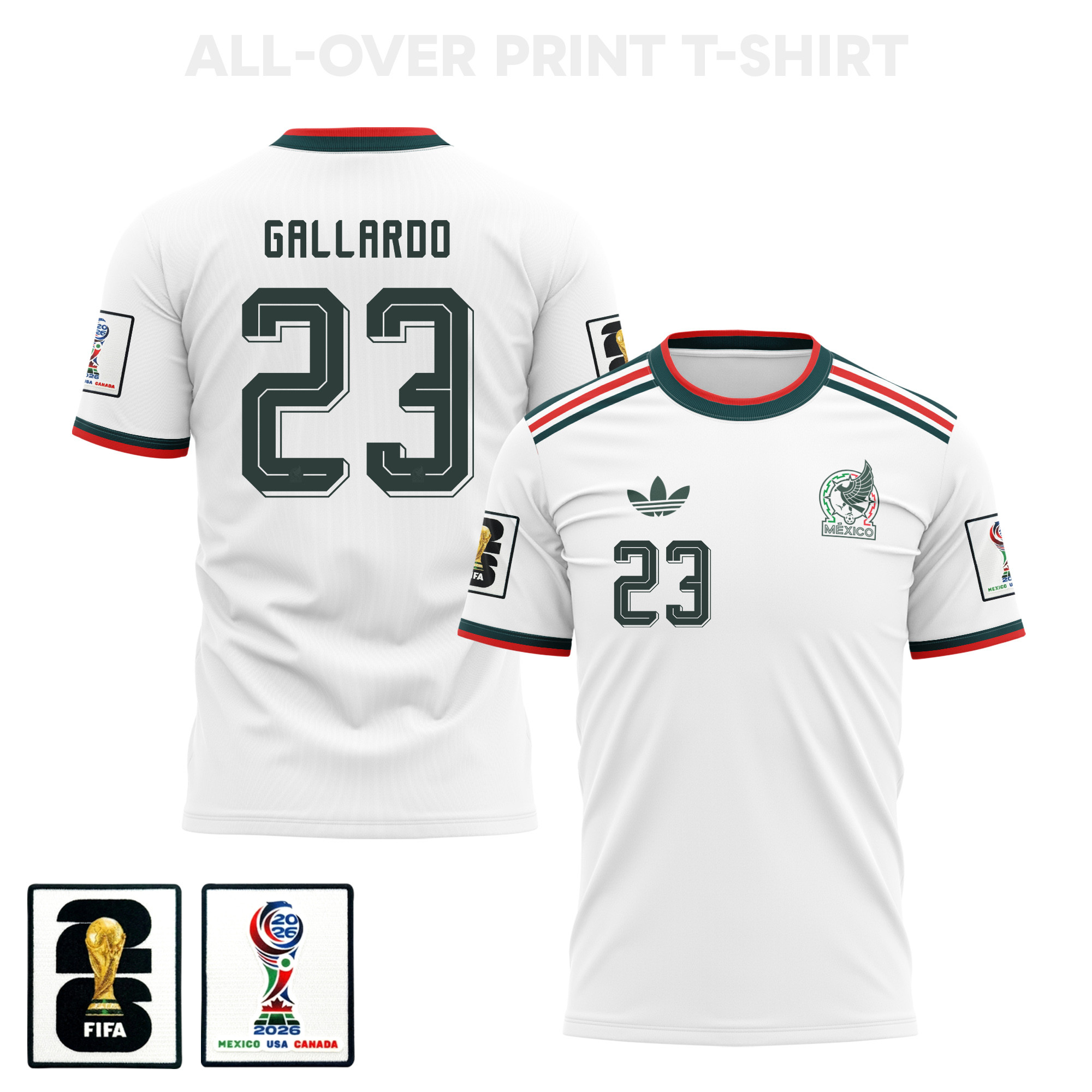 Jesús Gallardo 23 Mexico 2026 Away 3D T-Shirt Fully Printed – Unisex, White – Jersey Teams