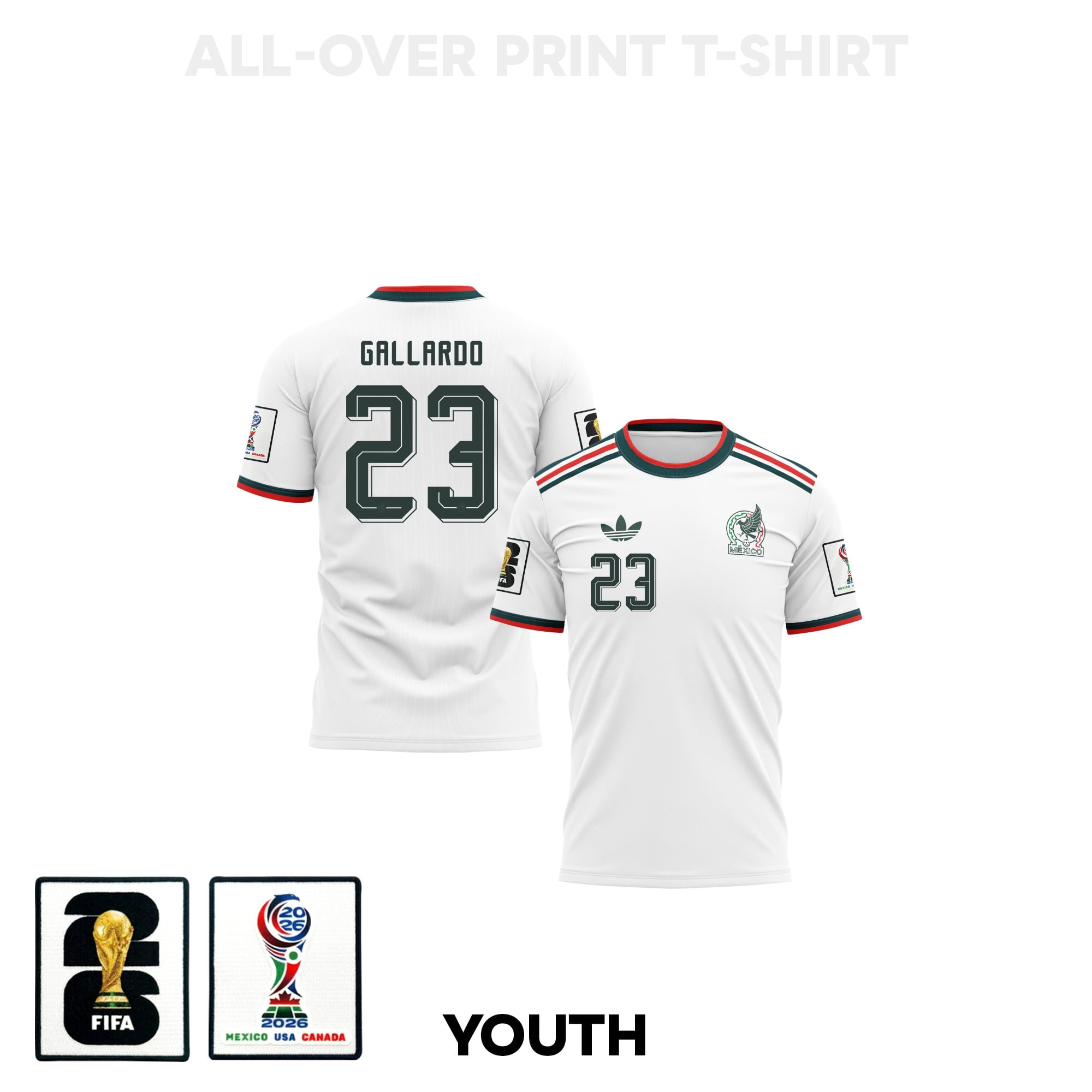 Jesús Gallardo 23 Youth Mexico 2026 Away 3D T-shirt Fully Printed – White – Jersey Teams