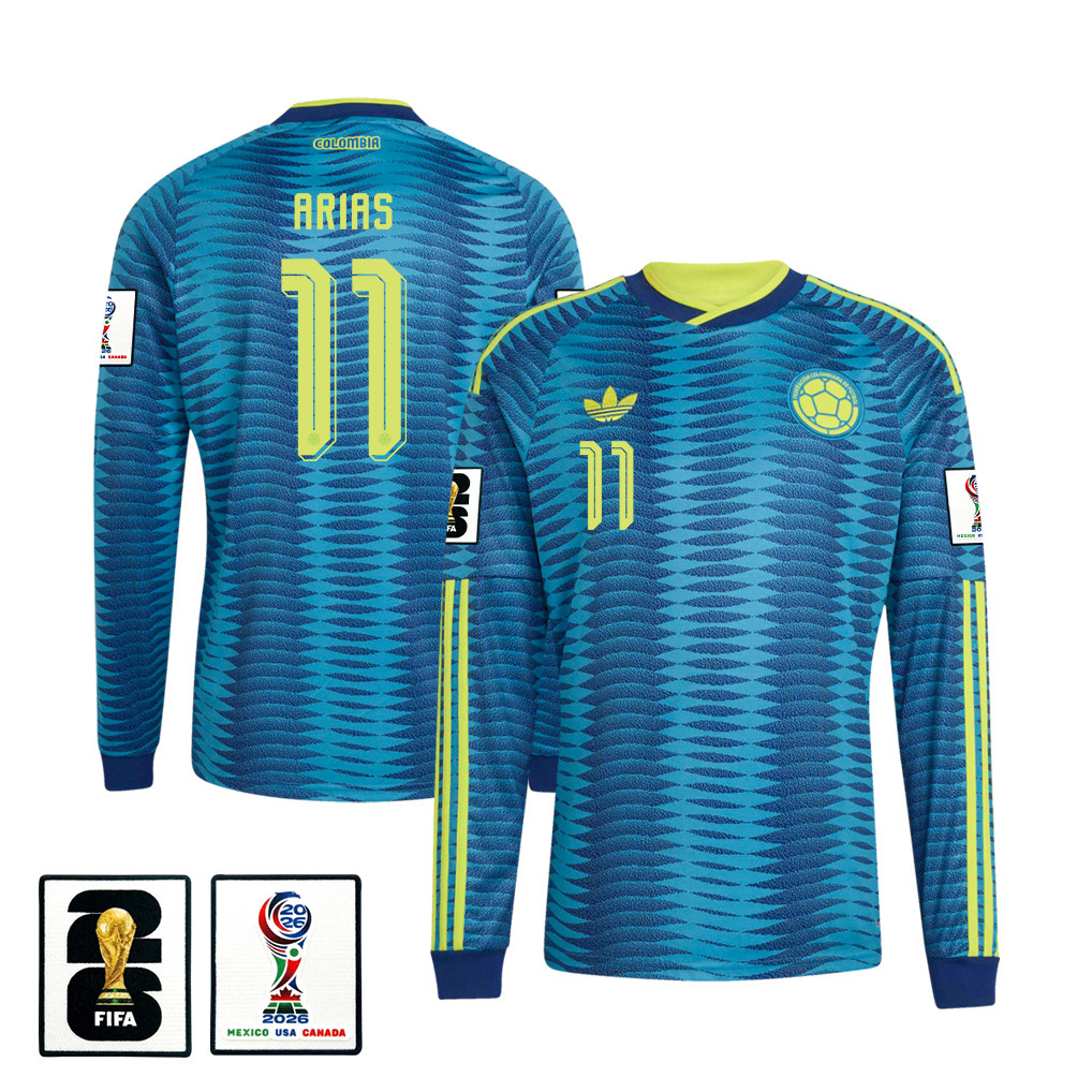 Jhon Arias 11 Colombia National Team 2026 Away Long Sleeve Jersey - Turquoise - Jersey Teams
