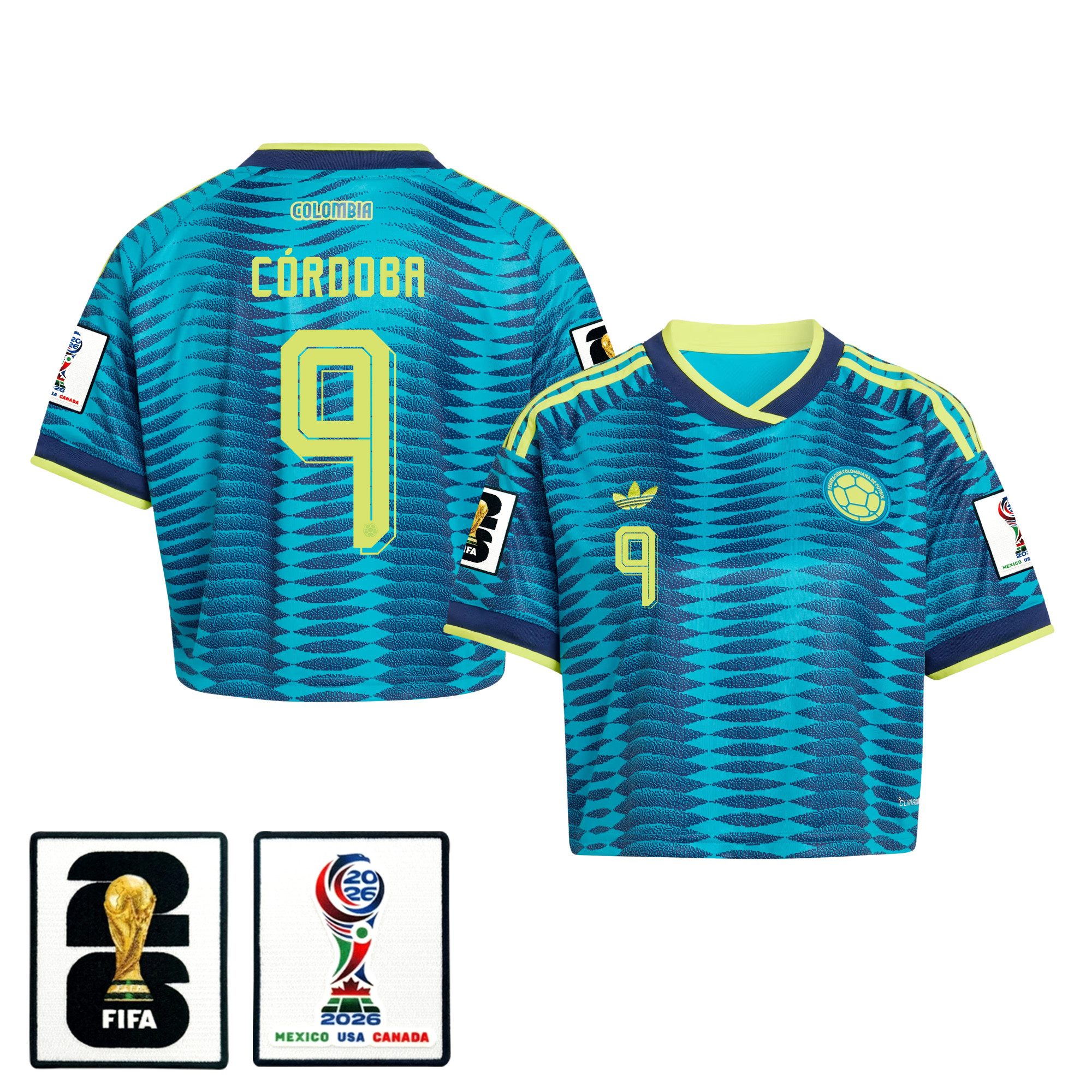 Jhon Córdoba 9 Colombia 2026 Away Women’s Cropped Jersey – Turquoise – Jersey Teams