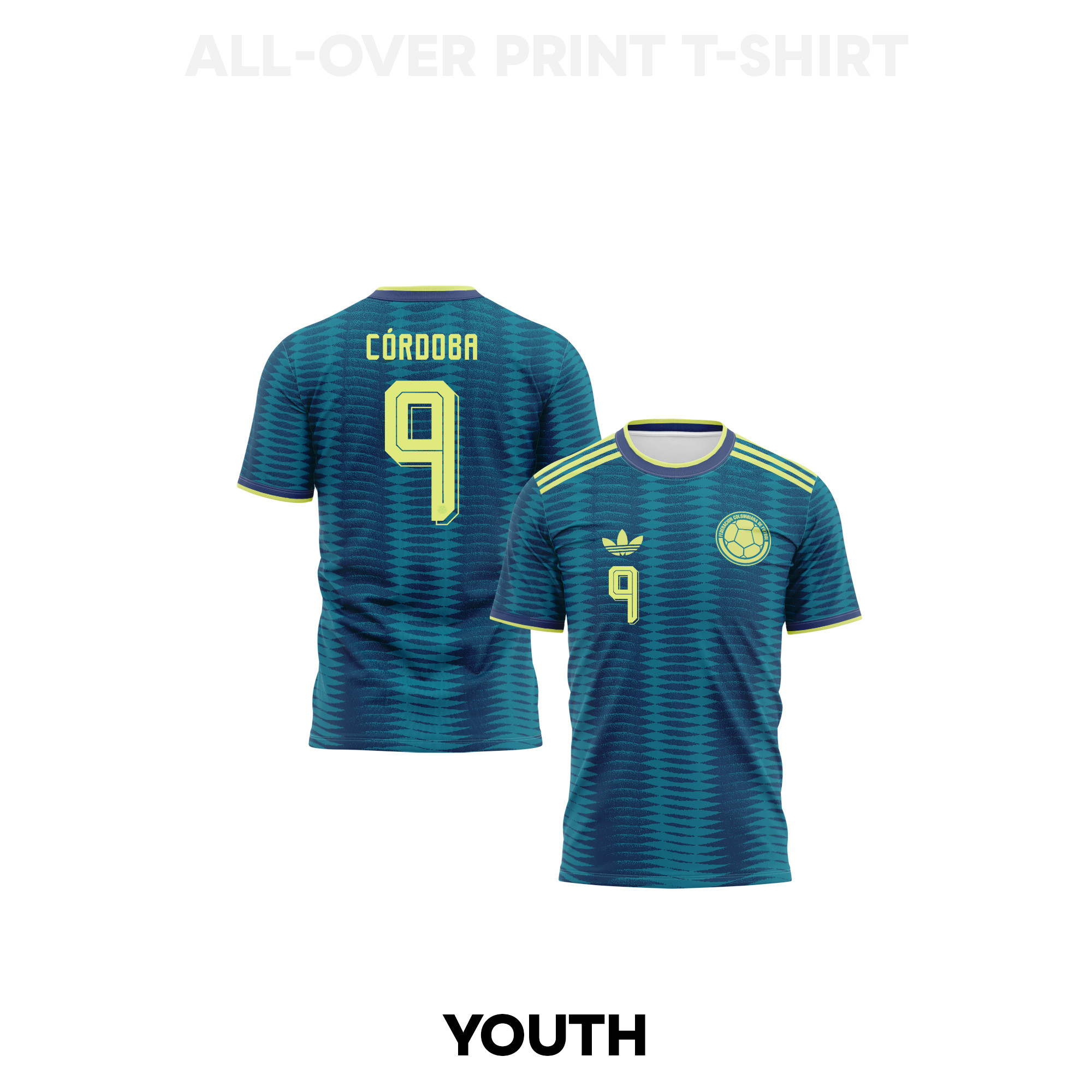 Jhon Córdoba 9 Youth Colombia 2026 Away 3D T-shirt Fully Printed – Turquoise - Jersey Teams